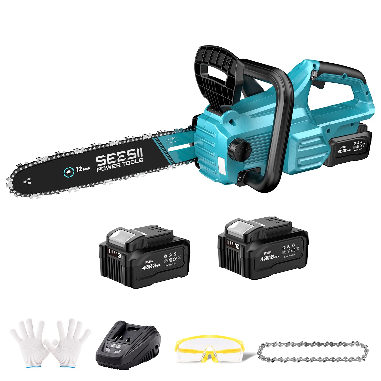 SEESII Motosierra eléctrica inalámbrica de 12 pulgadas, motosierras de mano con 2 baterías de 4.0 Ah, sierra de árbol con tensión de cadena sin herramientas, lubricación automática para cortar madera