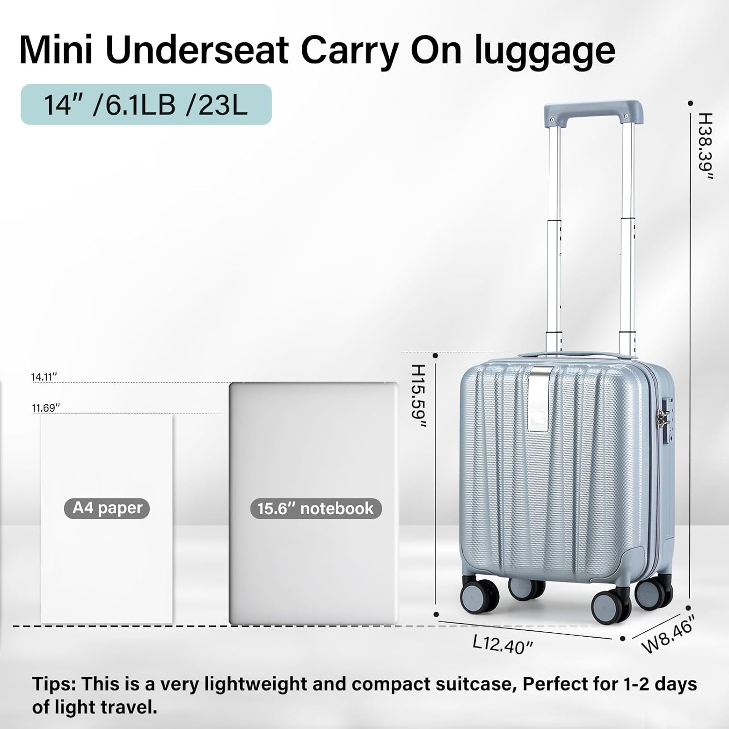 Hanke 14 Inch Underseat Carry On Luggage with Wheels Hard Shell Suitcases Carry On Bag Lightweight Small Mini Suitcase Travel Luggage for Travel（Gray） - Image 3
