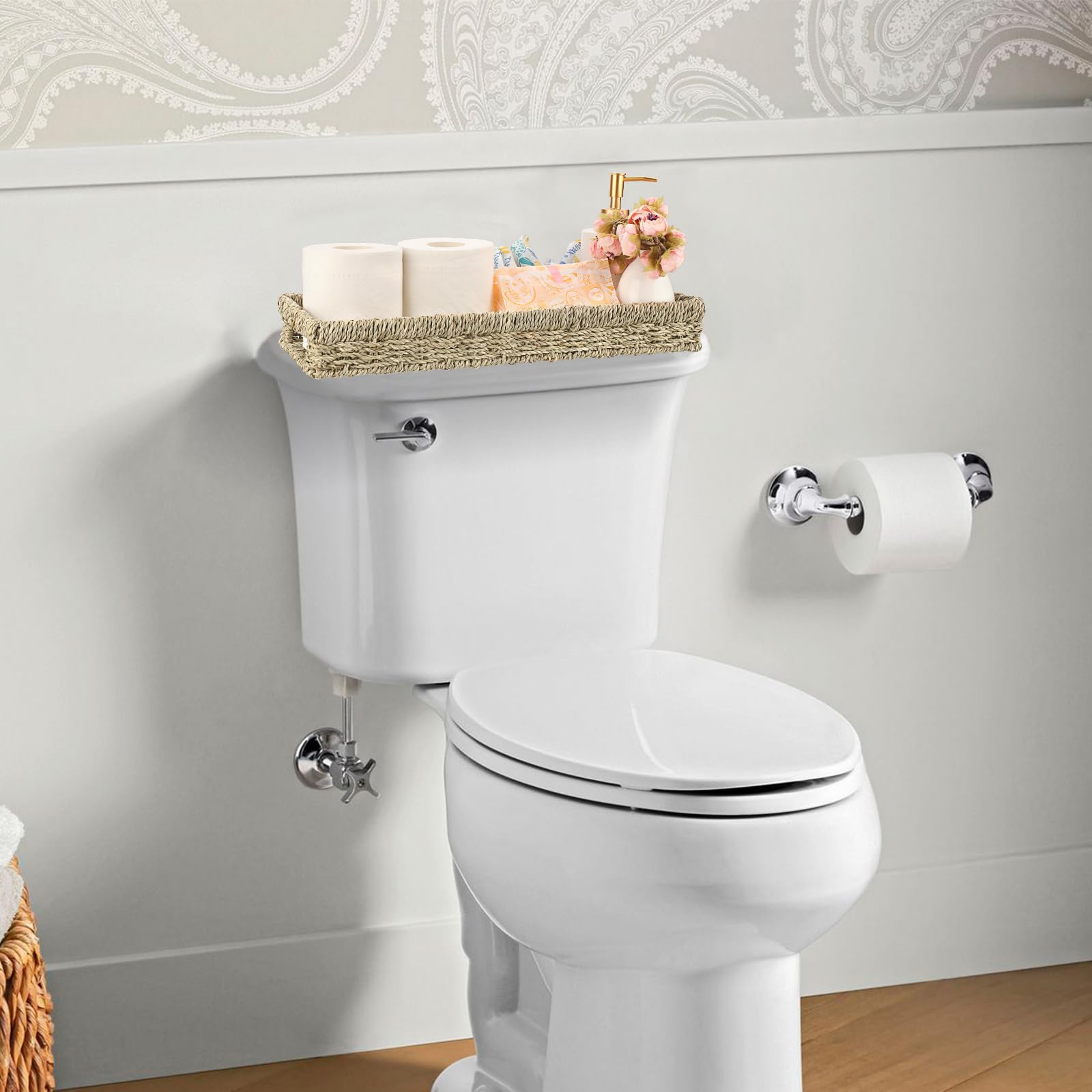 Sumnacon Bathroom Tray for Counter 16.9 Inch Natural Seagrass Bathroom Tray Over Toilet,Wicker Toilet Tank Tray Organizer Decorative Tray for Bathroom Toilet Vainty Kitchen Shelf Dining Table Desk