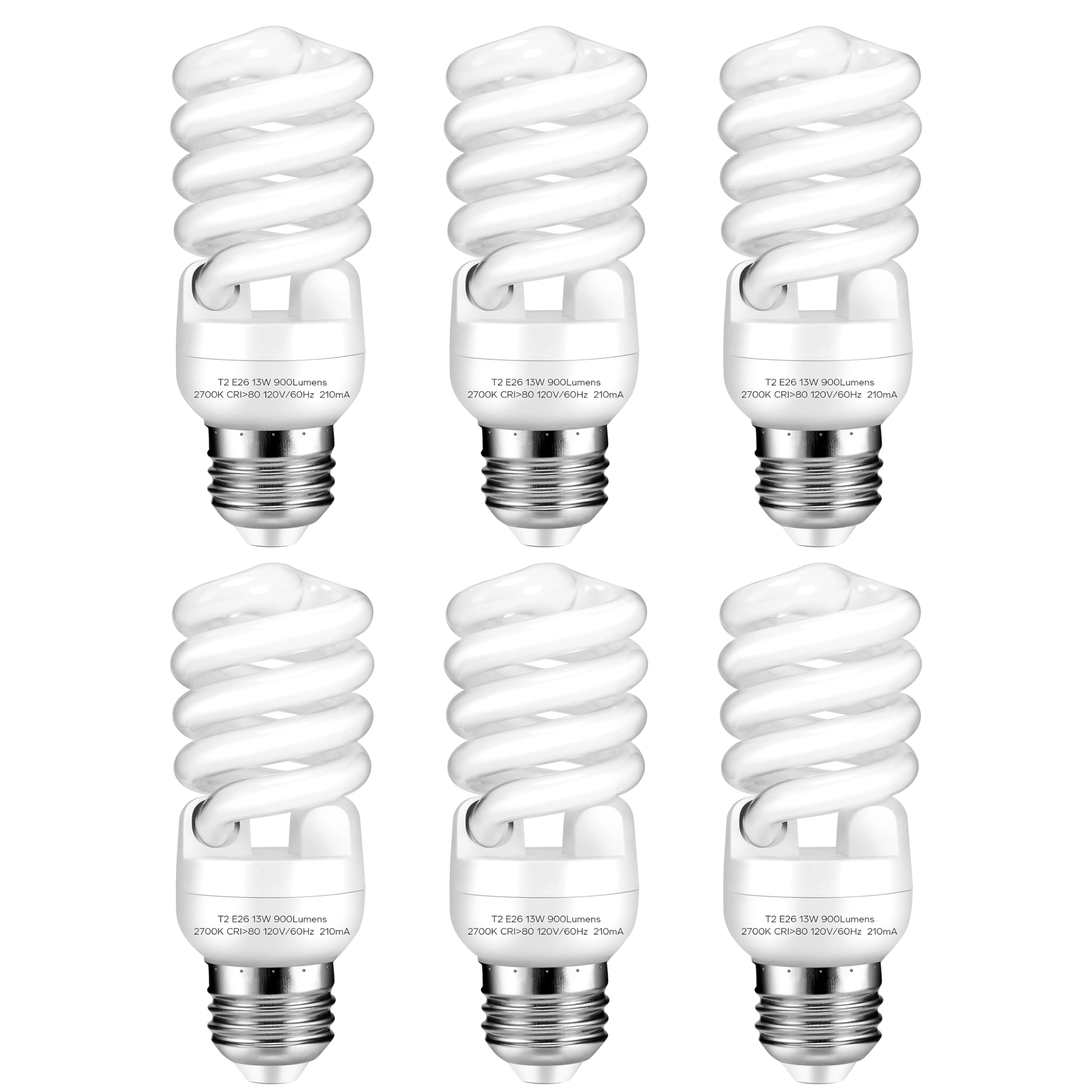 Arsmrau E26 Base 13W 2700K 900lm CFL Light Bulbs, T2 Spiral (60Watt Equivalent) Soft White Compact Fluorescent Light Bulbs, UL Approved, 120v 60Hz,