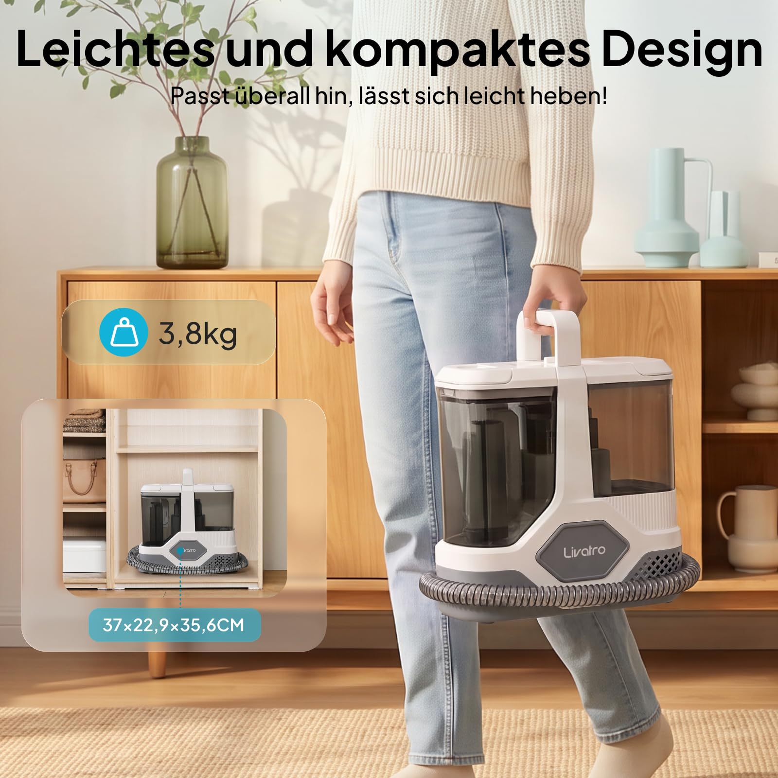 Livatro Nasssauger Polsterreiniger Gerät Teppichreiniger Waschsauger | 600W Tragbarer Waschsauger,16KPa Abnehmbarer 2,3L Tanks,Selbstreinigung,für Teppiche,Auto & Sofas,Matratze & Haustier