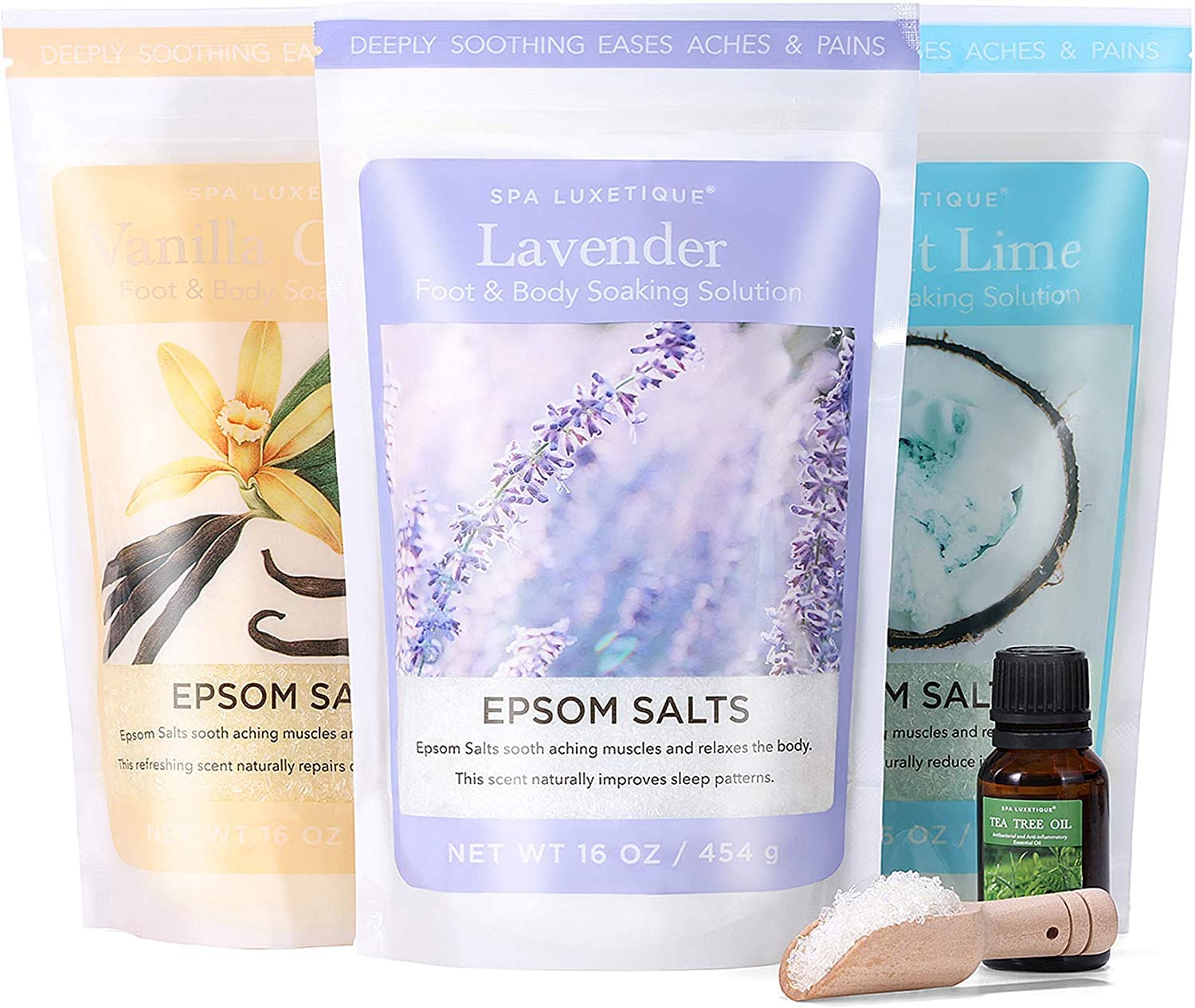 Spa Luxetique Epsom Salts for Soaking, Bath Salts for Women Gifts Set with Lavender, Vanilla and Coconut Scent Bath Set with Tea Tree Oil for Mom Christmas Gifts Spa Luxetique Epsom Salts for Soaking, Bath Salts for Women Gifts Set with Lavender, Vanilla and Coconut Scent Bath Set with Tea Tree Oil for Mom Christmas Gifts