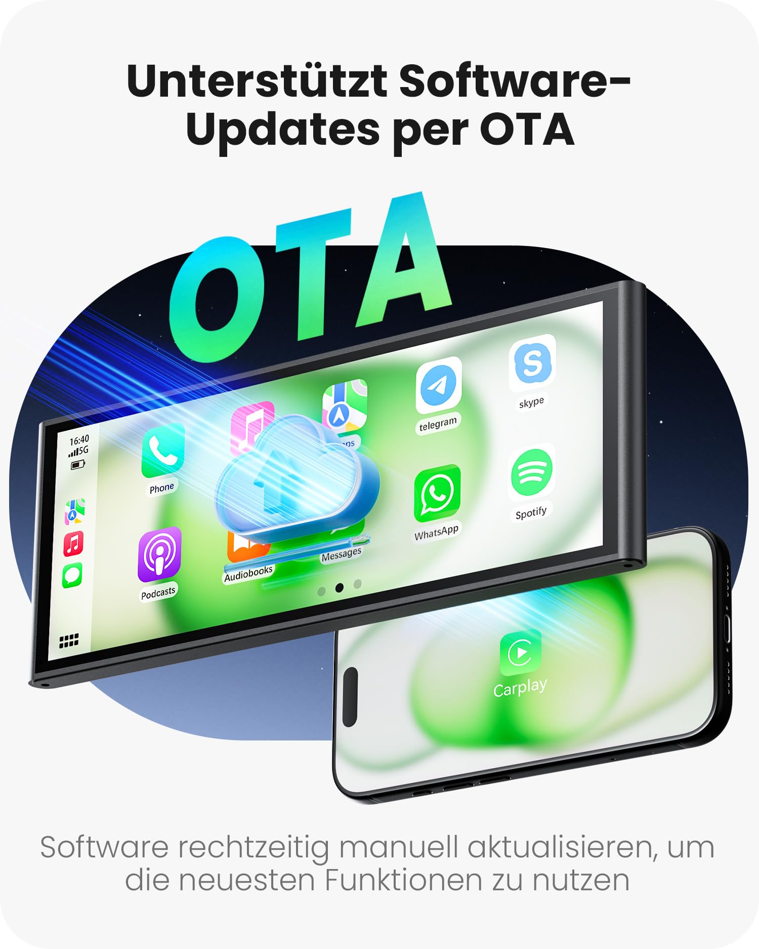9,26" Tragbares Carplay Display für Apple CarPlay Android Auto, OTA