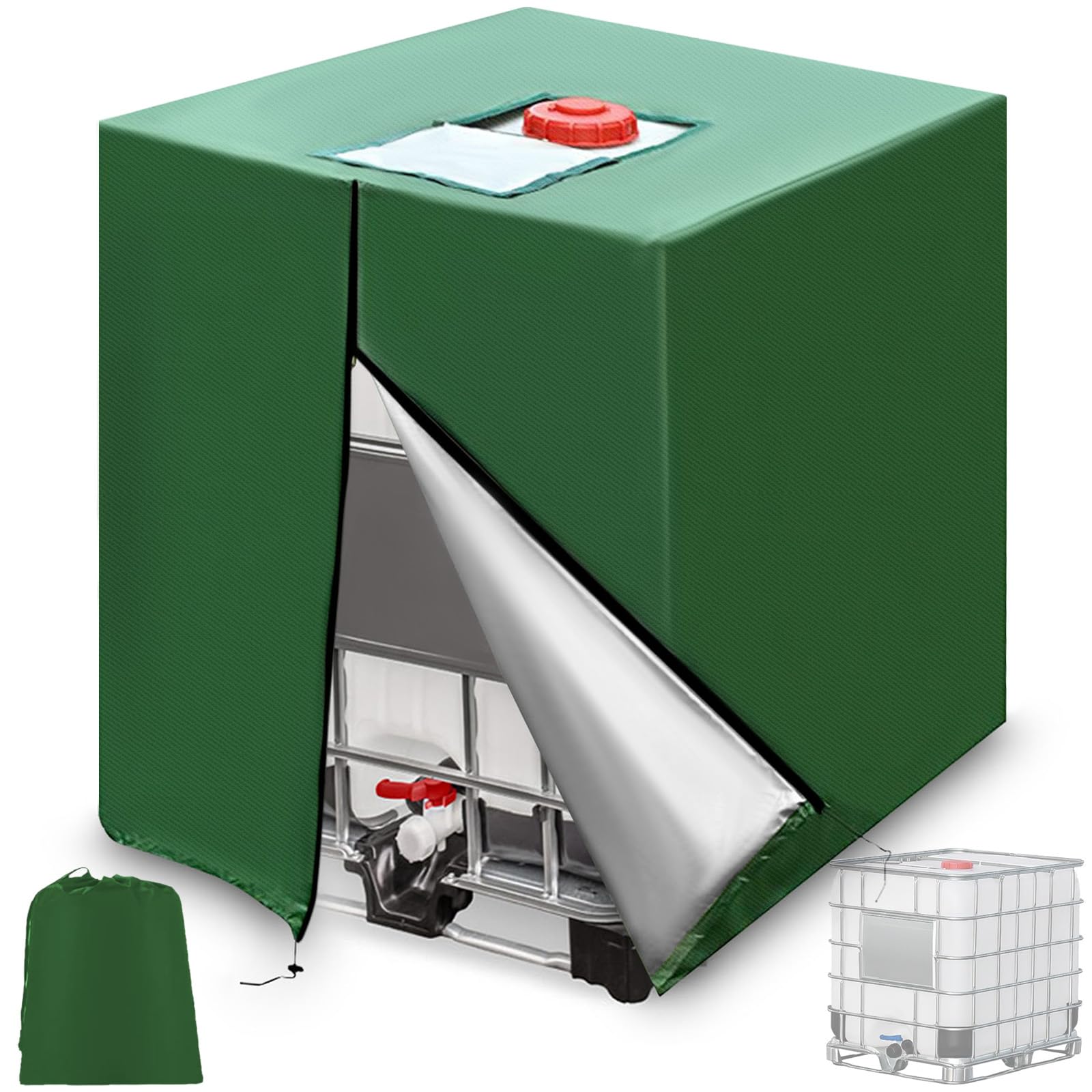 120x100x116cm IBC Tank Cover, 1000L IBC Tote Cover with Zipper, 210D Oxford Heavy Duty Outdoor Tarpaulin Hood, Waterproof Sun UV Protective Barrel Covers for Rain Water Tank, Container (Green)