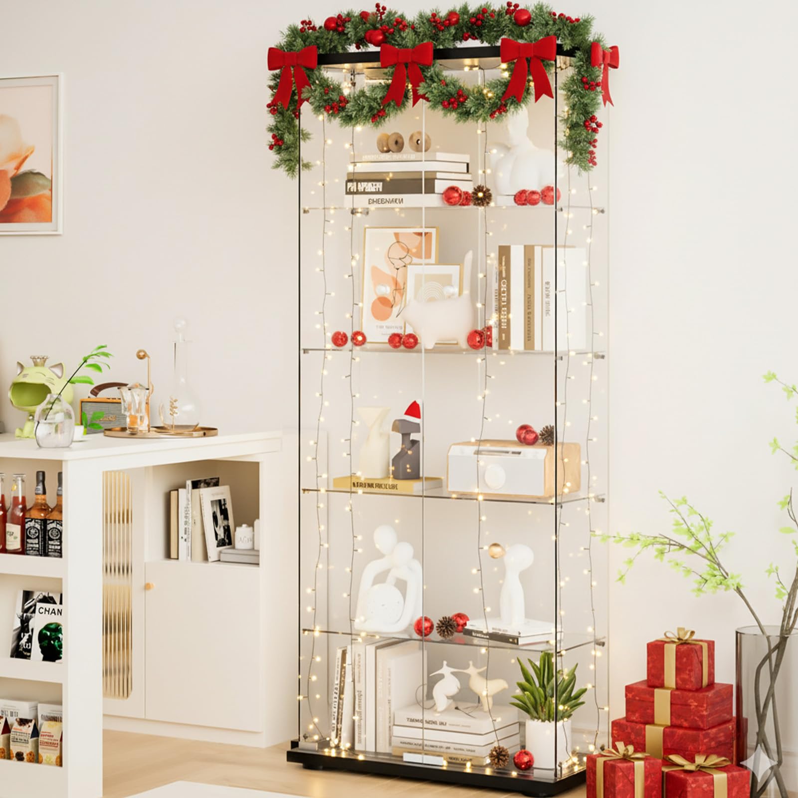 Glass Display Cabinet 5-Shelf with Door, Locking, 12-Color LED Push Lights with Remote Control,4mm Tempered Glass Floor-to-Ceiling Bookcase for Bedroom, Living Room, Black