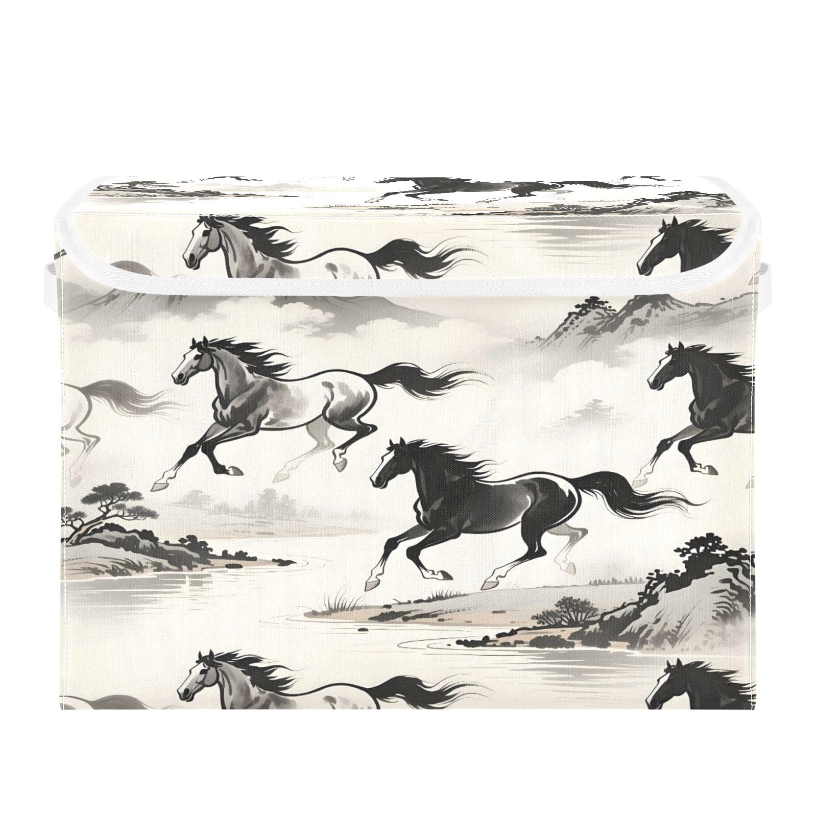 Ewusp Horse Fabric Storage Bin with Lid, Decorative Foldable Storage Basket with Handles, Stackable Closet Shelf Organiser Box for Clothes, Books, Bedroom, Living Room