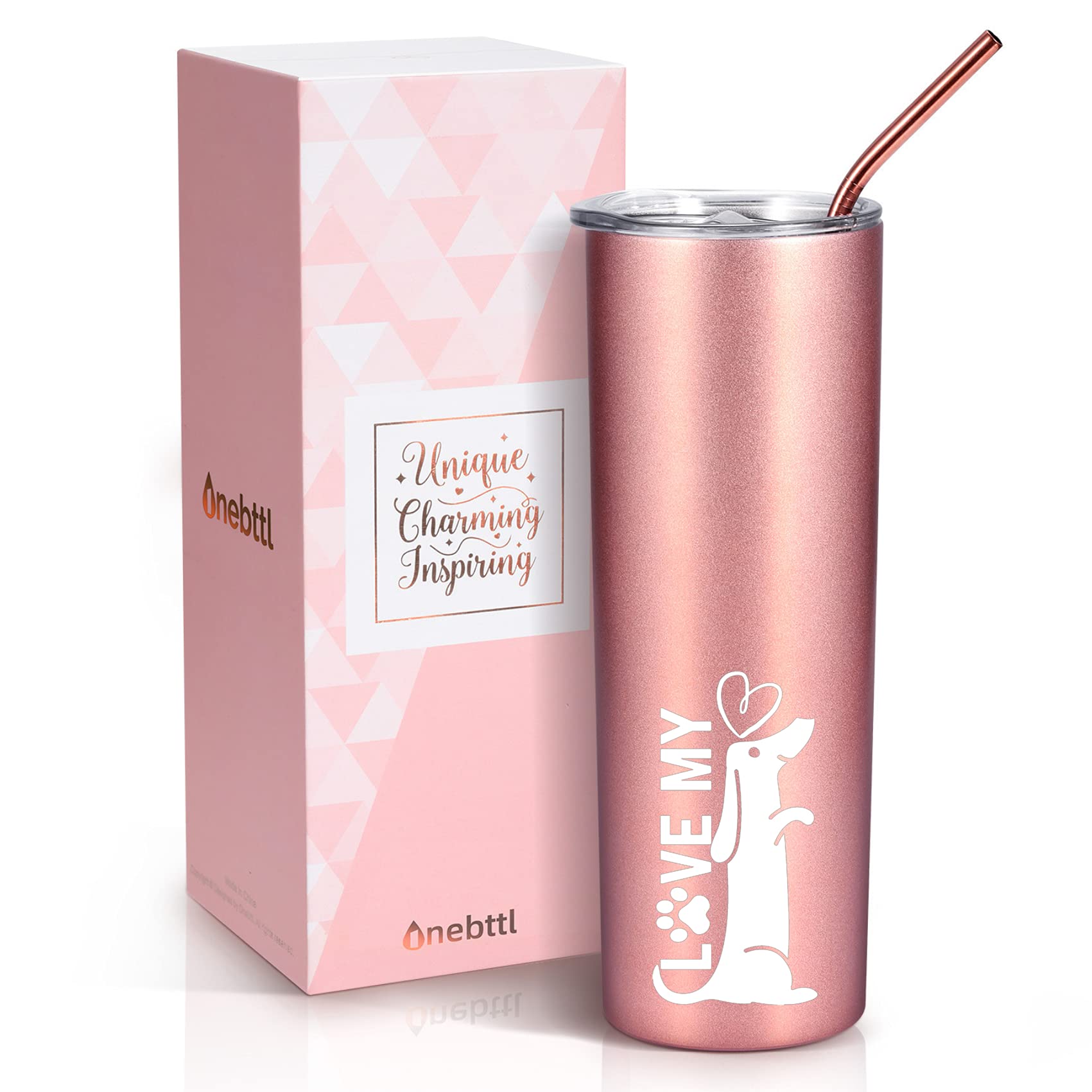 Onebttl Dachshund Mom Gifts, I Love My Dachshund, Skinny Tumbler for Dachshund Lovers, Weiner Dog Lovers, Women, Girl (20oz, Rose Gold）