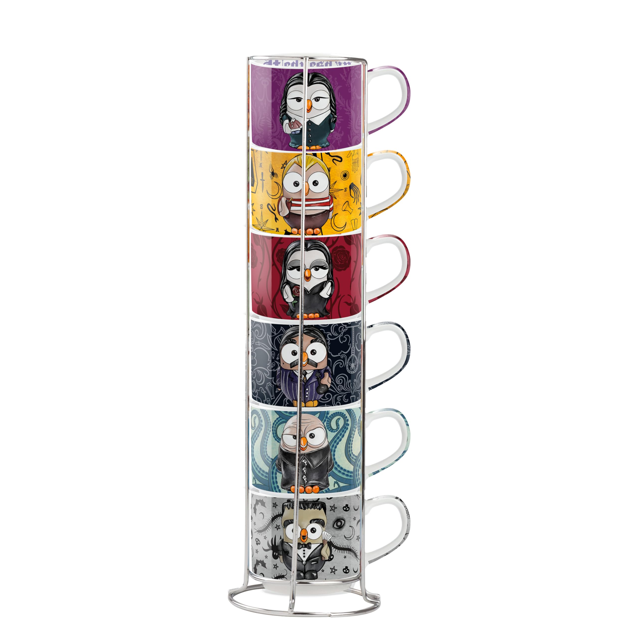 Juego de 6 tazas de café de la Familia Addams con soporte metálico para tus mañanas de cine