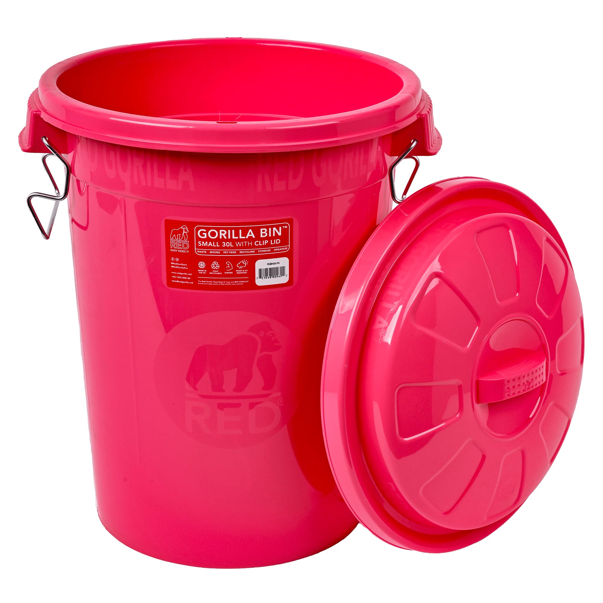 Red Gorilla Bin 30 Litre with Clip Lid Pink Stackable Storage Plastic Lightweight Weather Resistant Frost Proof for Indoor Outdoor Waterproof Waste Bin for Garden Garage Kitchen Home Recycling