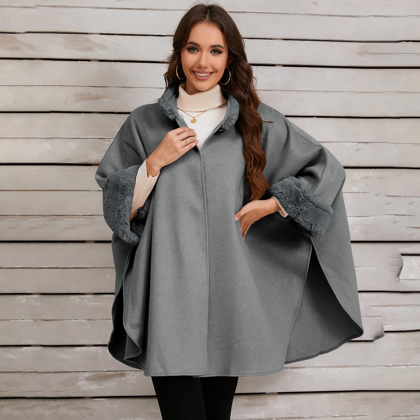 Vintage Loose Fit Poncho Mantelle Cappotto Con Colletto Peloso Polsini Per Le Donne Inverno Aperto Anteriore Baggy Mantello Cardigan Scialle Avvolgere Giacche Esterne Eleganti