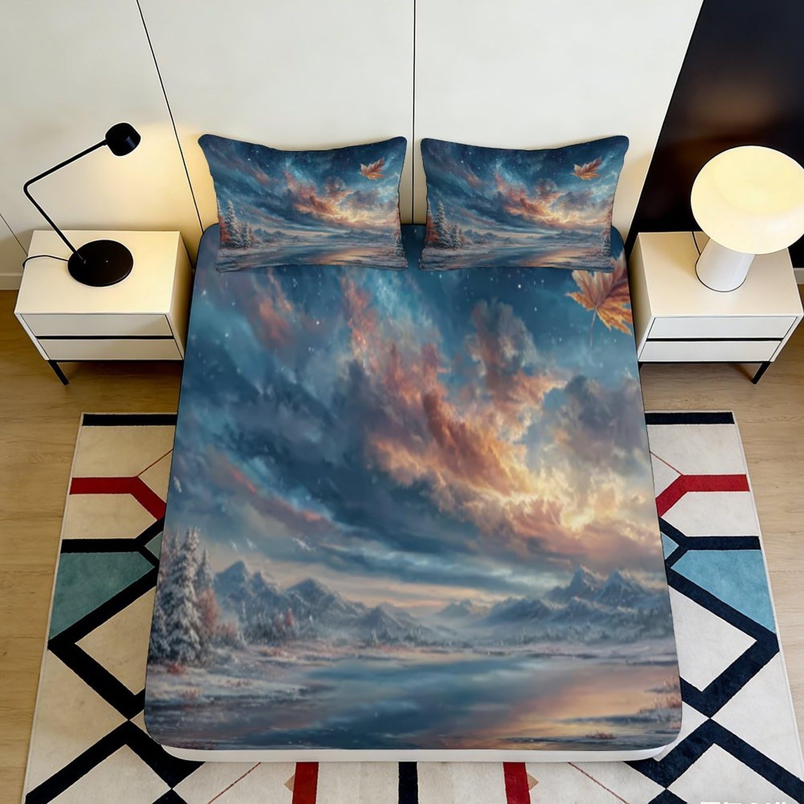3D Printed Sunset Sky Fitted Sheet Microfiber Soft Breathable Mountain Landscape Bed Cover for Bedroom Dormitory Guest Room Mattress Protection Decor 180x200x25cm