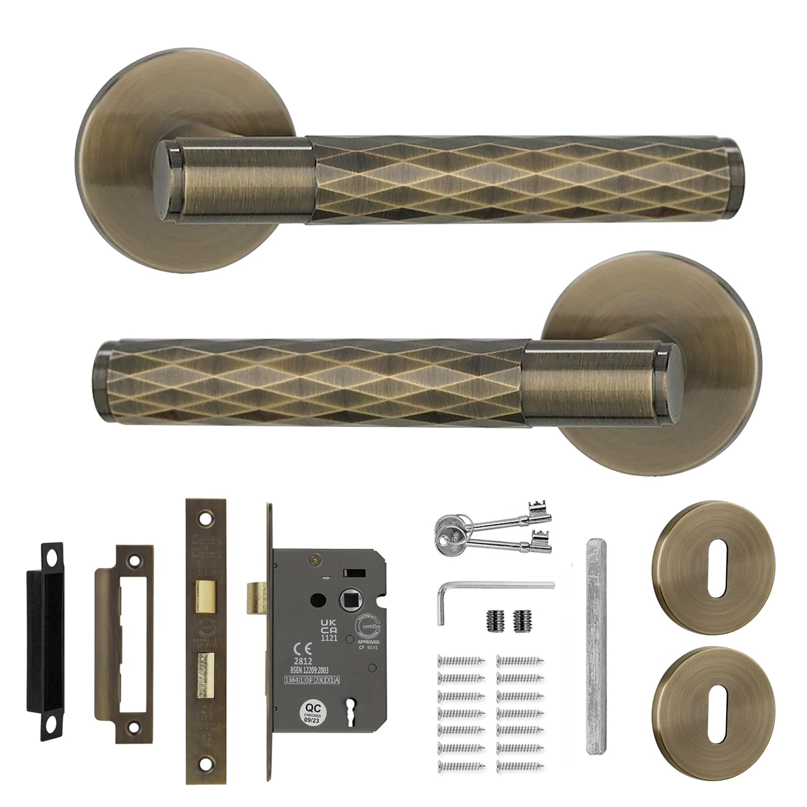 Decoranddecor Tore Lever On Rose Door Handles with Diamond Pattern – Comprehensive Internal Door Handle Set with Sash Lock, Keys and Matching Fixings in Antique Brass