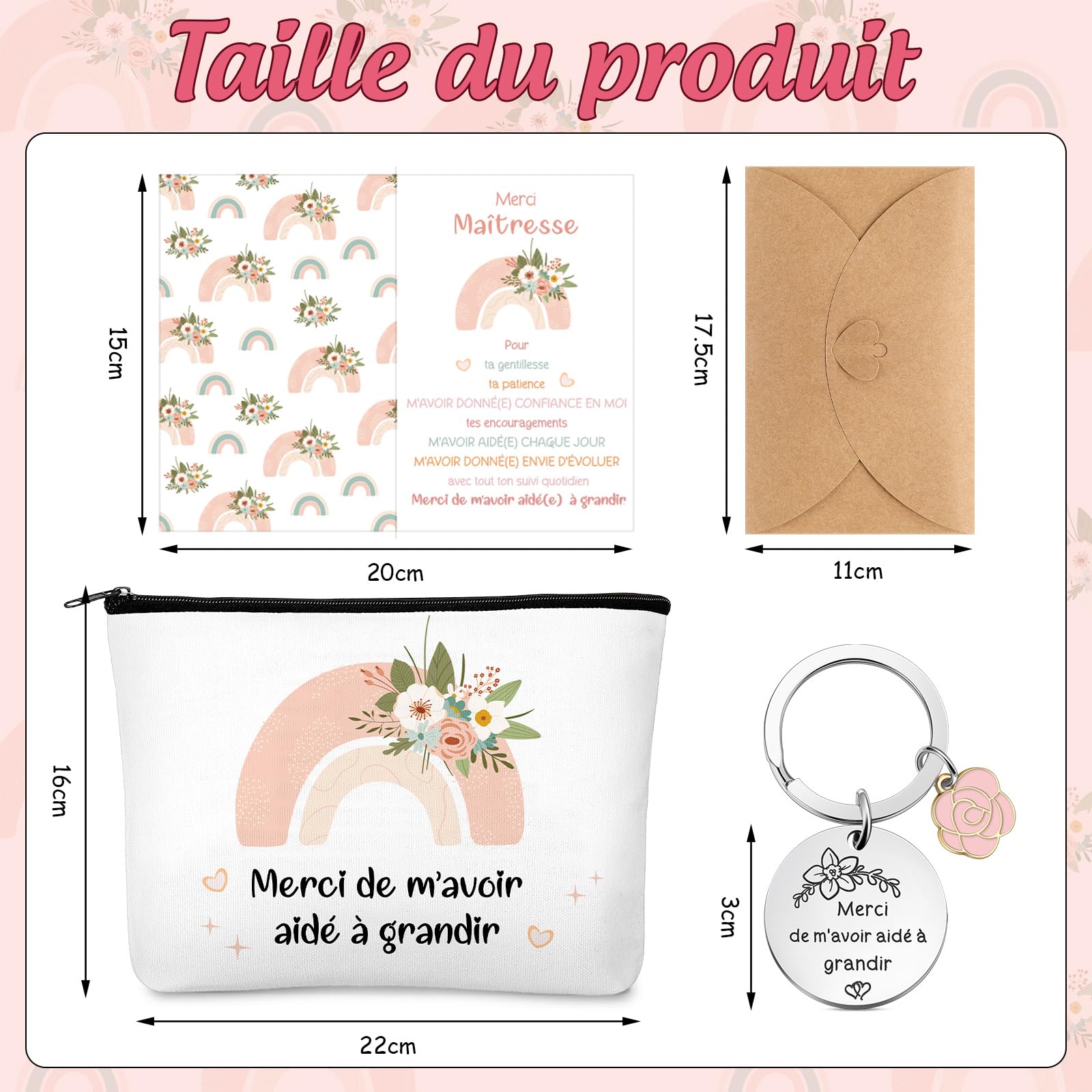 Cadeau de Remerciement pour Maîtresse Professeur 4 Pièces Trousse de Maquillage Porte-Clés Carte Arc-en-Ciel avec Enveloppe
