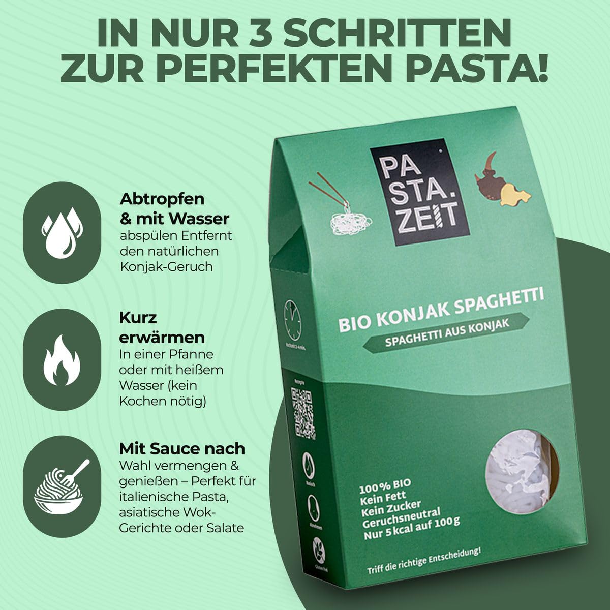 PASTAZEIT Bio Konjak Nudeln Spaghetti - No Carb Nudeln, Weizenfrei, Bio, Vegan, Low Carb, Kein Fett - Kalorienarme, nur 5 kcal, kohlenhydratfrei, Shirataki (10 x 400 g)