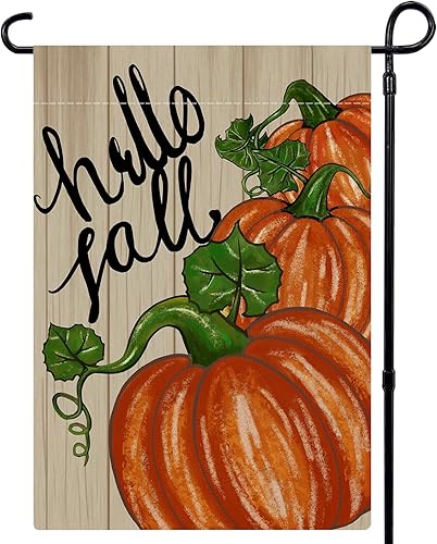 Bandera de jardín de otoño de 12 x 18 pulgadas, de doble cara, diseño de calabaza con texto en inglés "Hello Fall", decoración para exteriores