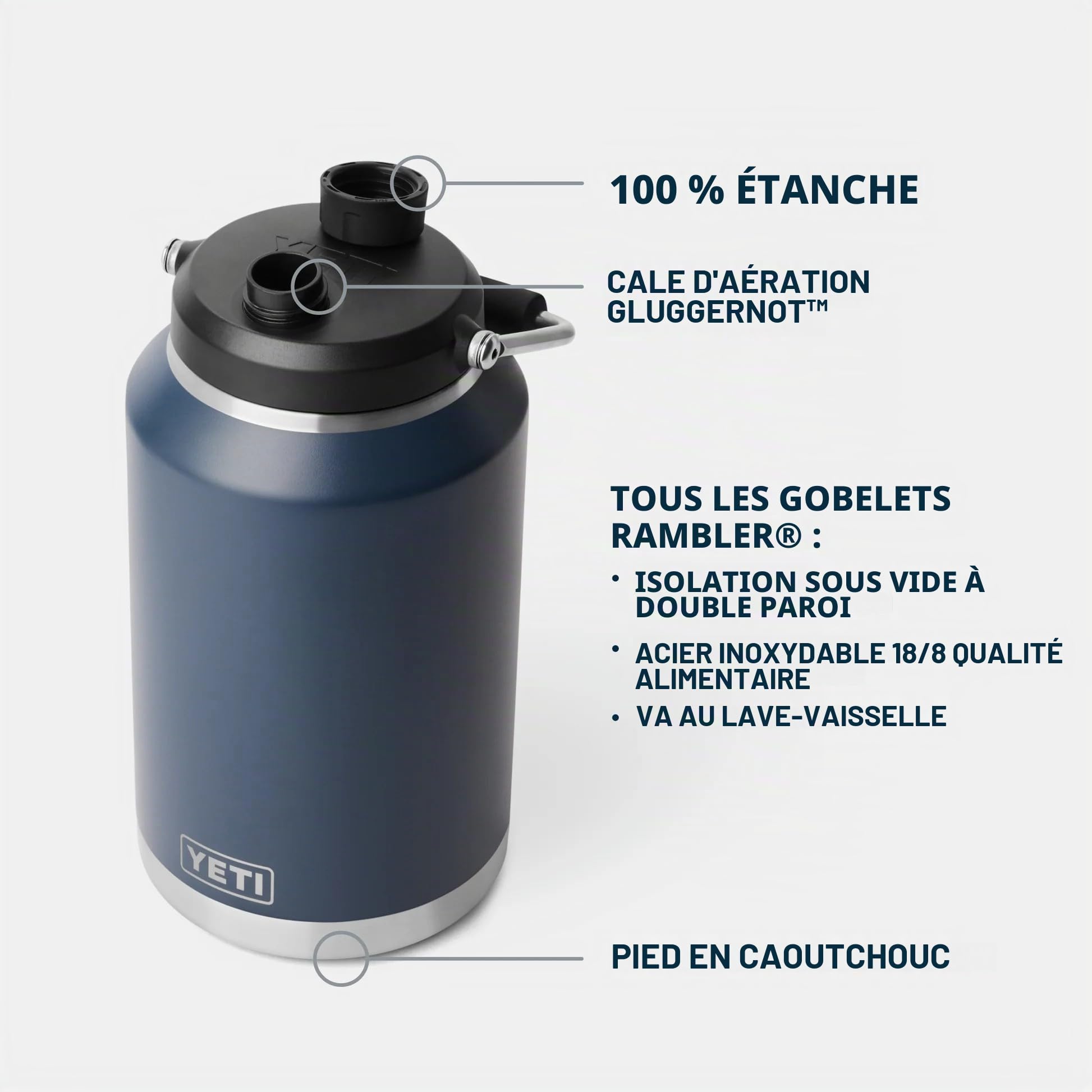 YETI Rambler Carafe isotherme en acier inoxydable avec bouchon magnétique, bleu marine, 1 g (3,7 l)