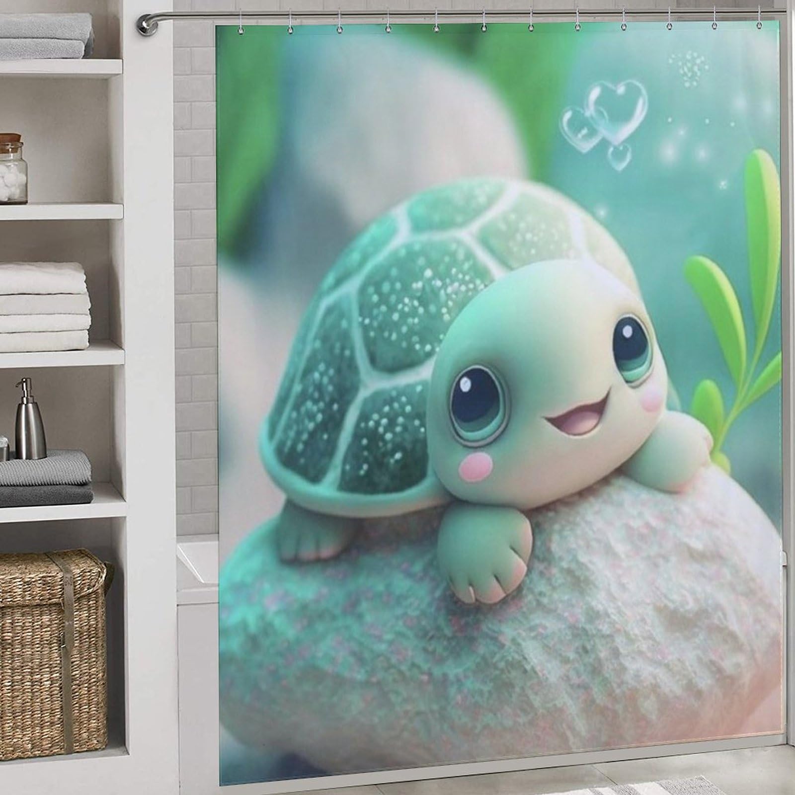 Rideau de douche tortue en tissu imperméable et lavable 183x183cm avec crochets