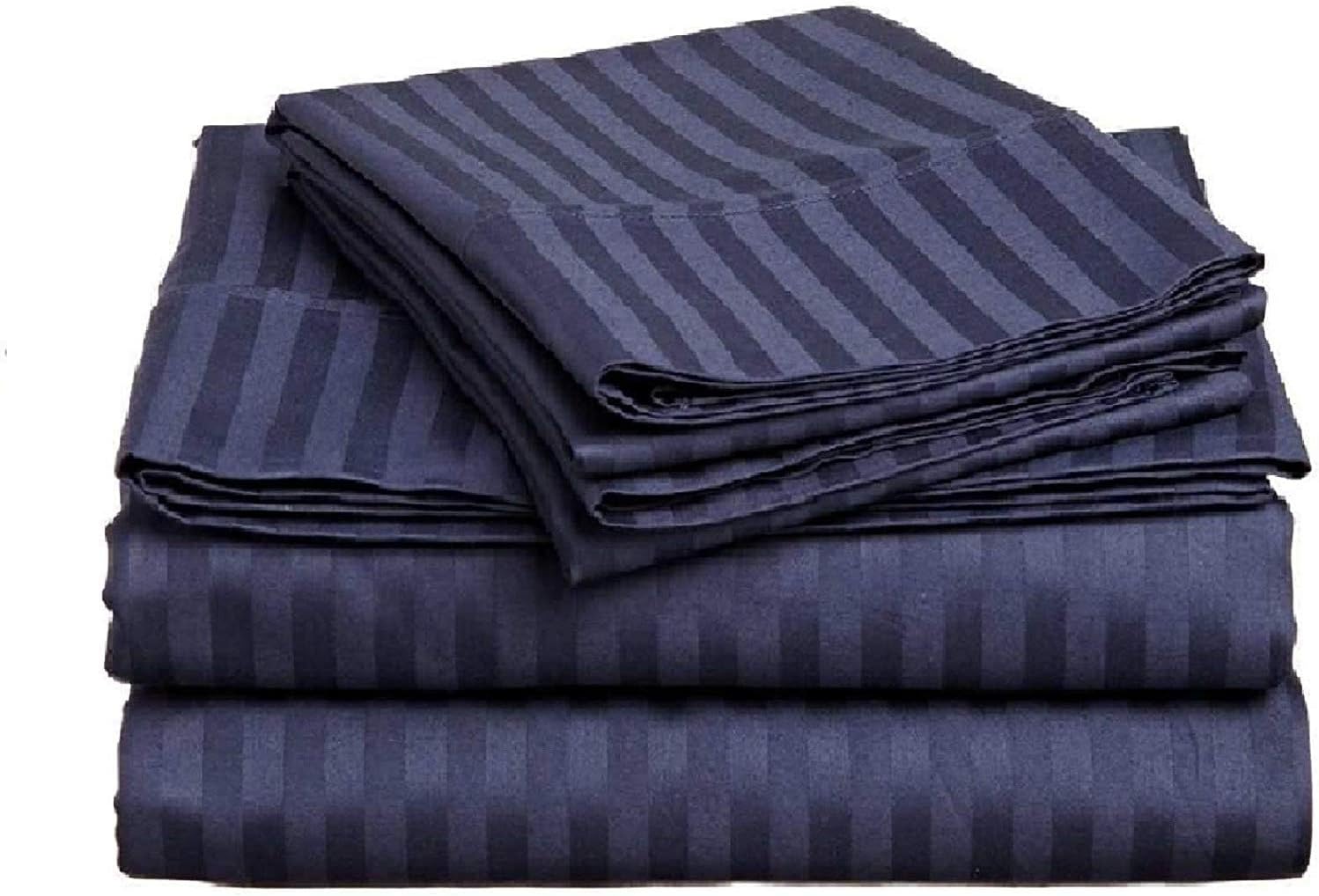 600 Thread Count Luxury Soft 100% Egyptian Cotton 6-Piece Bed Sheet Set (1 Fitted, 1 Flat, 4 Pillowcase) Fits Upto 10-12” Deep Pocket (Queen Size, Navy Blue Color) Stripe Pattern