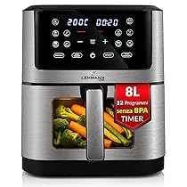 LEHMANN Friggitrice ad Aria 8 Litri XXL, 1800 W, Air Fryer con Finestra di Visualizzazione, 12 Programmi & Regolazione Manuale 76–200°C, Timer 1-60min, Rivestimento Antiaderente, Display Touch