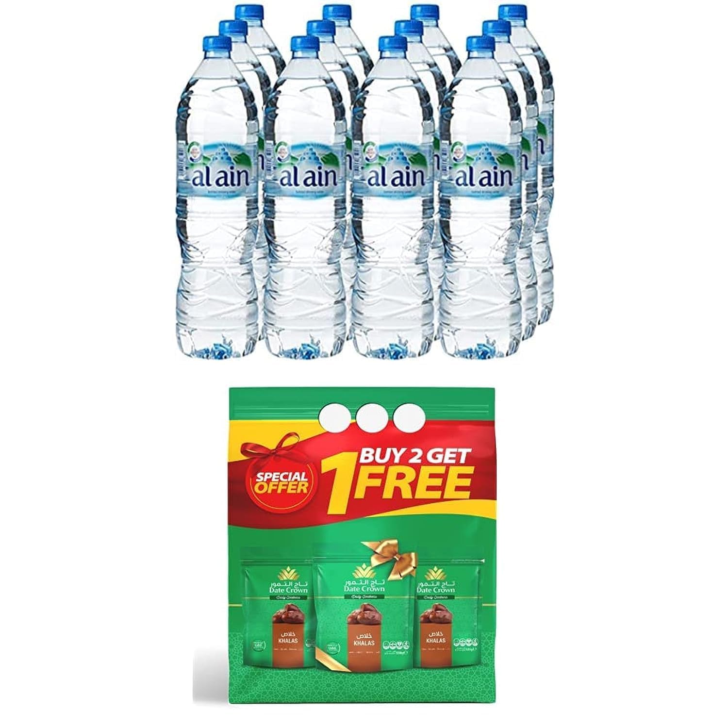 Al Ain Water 1.5L x 12 + Date Crown Khalas 500 gm Pack of 3 (Combo Promo)