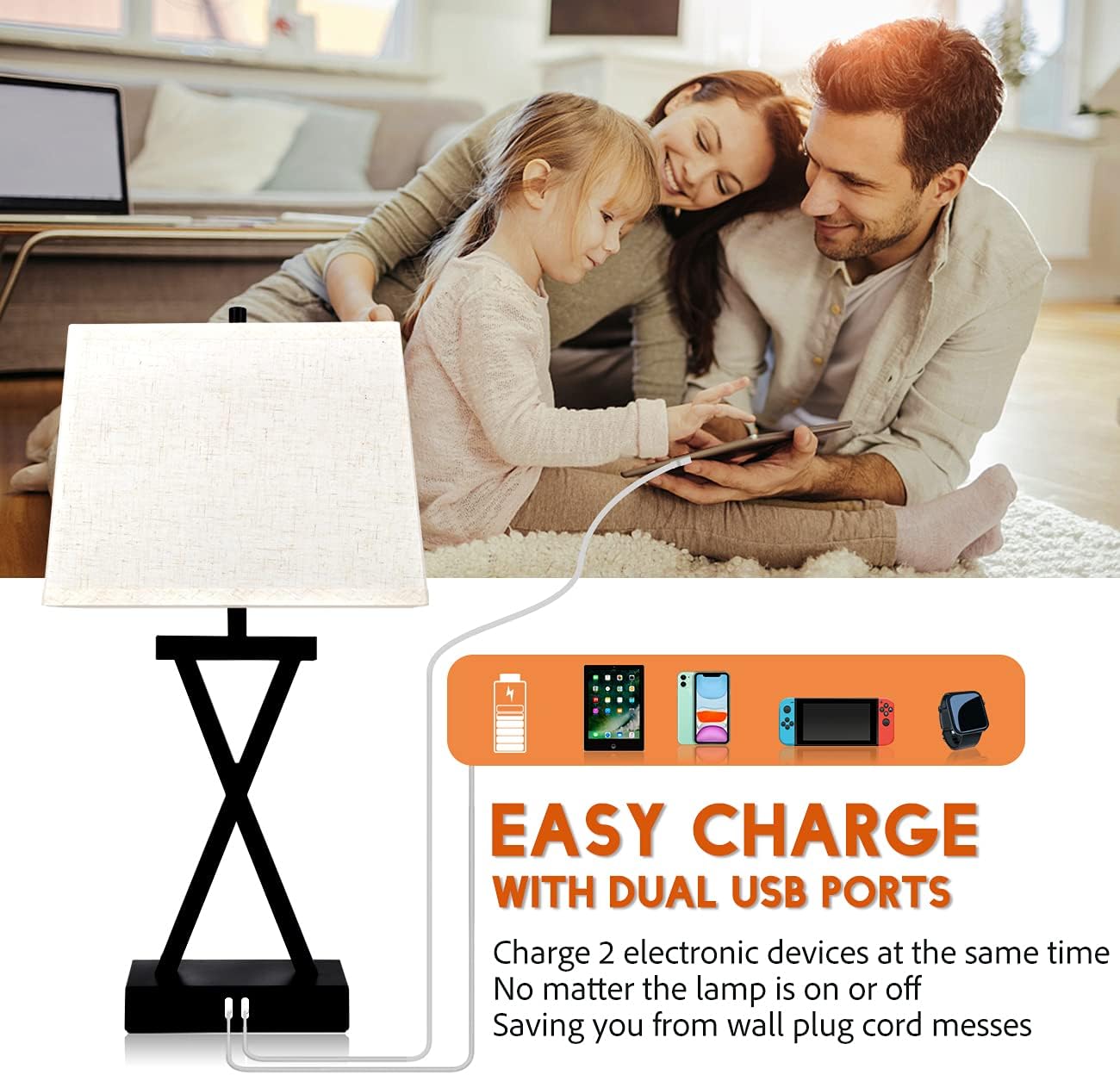 Innqoo Bedside Table Lamps for Bedroom - Set of 2 Nightstand Touch Lamps with USB Charging Ports, 23” Tall House Decor Farmhouse Decorations for Living Room, 3-Way Dimmable Modern Lamps with LED Bulbs - - 