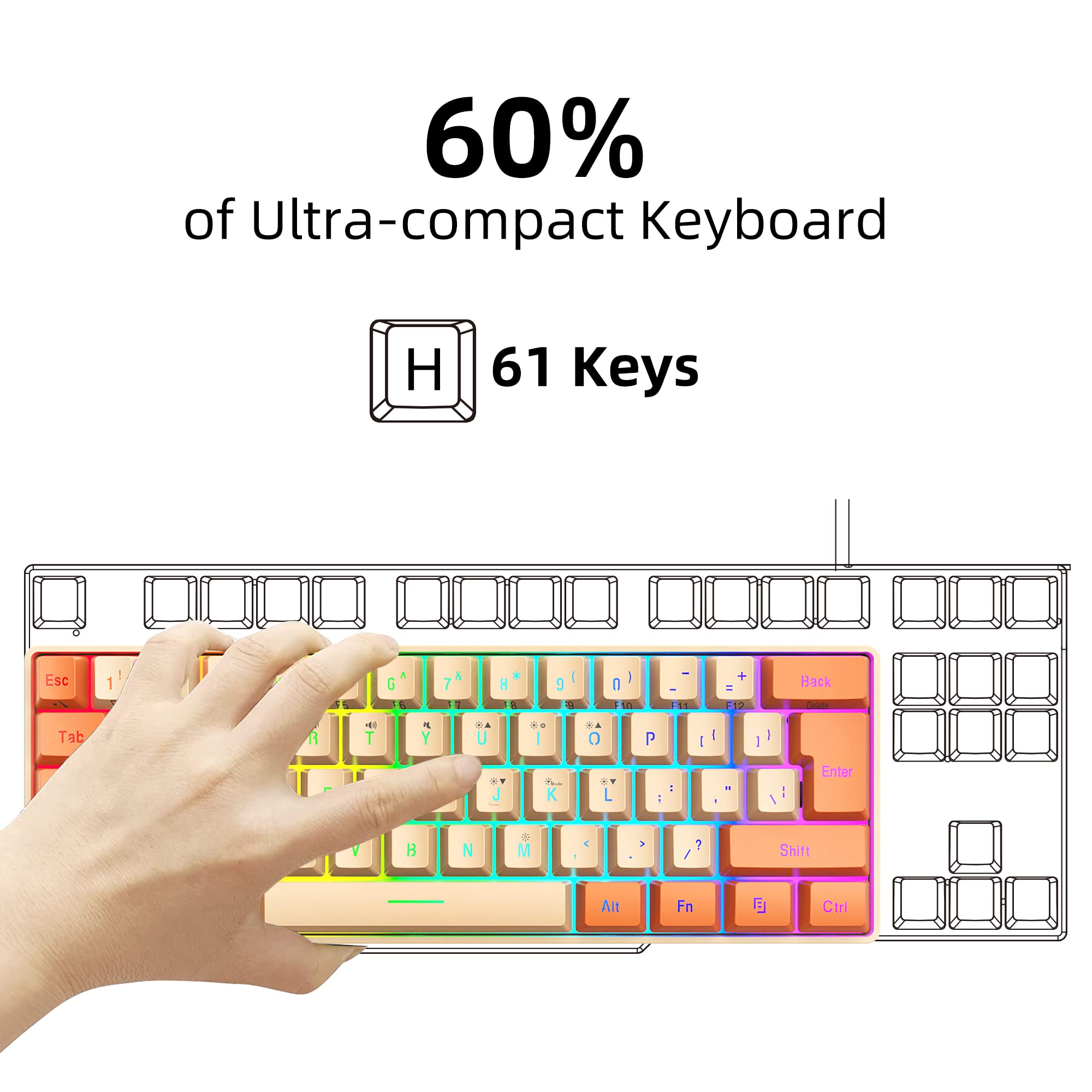 Snpurdiri 60% Wired Gaming Keyboard, RGB Backlit Ultra-Compact Mini Keyboard, Waterproof Mini Compact 61 Keys Keyboard for PC/Mac Gamer, Typist, Travel (Orange and Cream) view 3