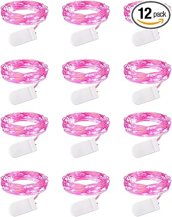 Brightown Valentine's Day 12 Pack Pink Led Fairy Lights Battery Operated String Lights Waterproof Silver Wire 7 Feet 20 Led Firefly Starry Moon Lights for DIY Wedding Party Bedroom