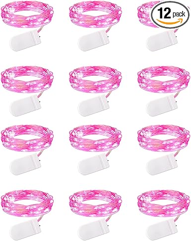 Brightown Valentine's Day 12 Pack Pink Led Fairy Lights Battery Operated String Lights Waterproof Silver Wire 7 Feet 20 Led Firefly Starry Moon Lights for DIY Wedding Party Bedroom