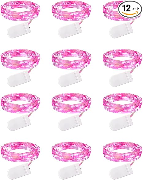 Brightown Valentine's Day 12 Pack Pink Led Fairy Lights Battery Operated String Lights Waterproof Silver Wire 7 Feet 20 Led Firefly Starry Moon Lights for DIY Wedding Party Bedroom