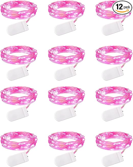Brightown Valentine's Day 12 Pack Pink Led Fairy Lights Battery Operated String Lights Waterproof Silver Wire 7 Feet 20 Led Firefly Starry Moon Lights for DIY Wedding Party Bedroom