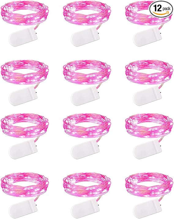 Brightown Valentine's Day 12 Pack Pink Led Fairy Lights Battery Operated String Lights Waterproof Silver Wire 7 Feet 20 Led Firefly Starry Moon Lights for DIY Wedding Party Bedroom