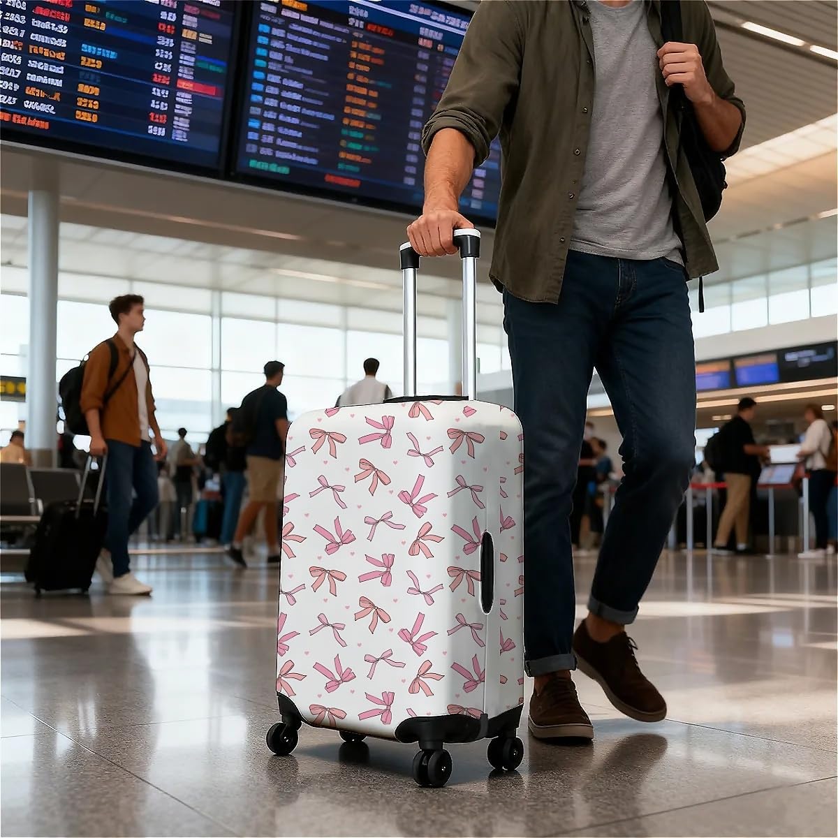 Travel Luggage Cover Pink Hearts Cute Bows, High Elasticity Washable Travel Baggage Protector Case 25in-28in