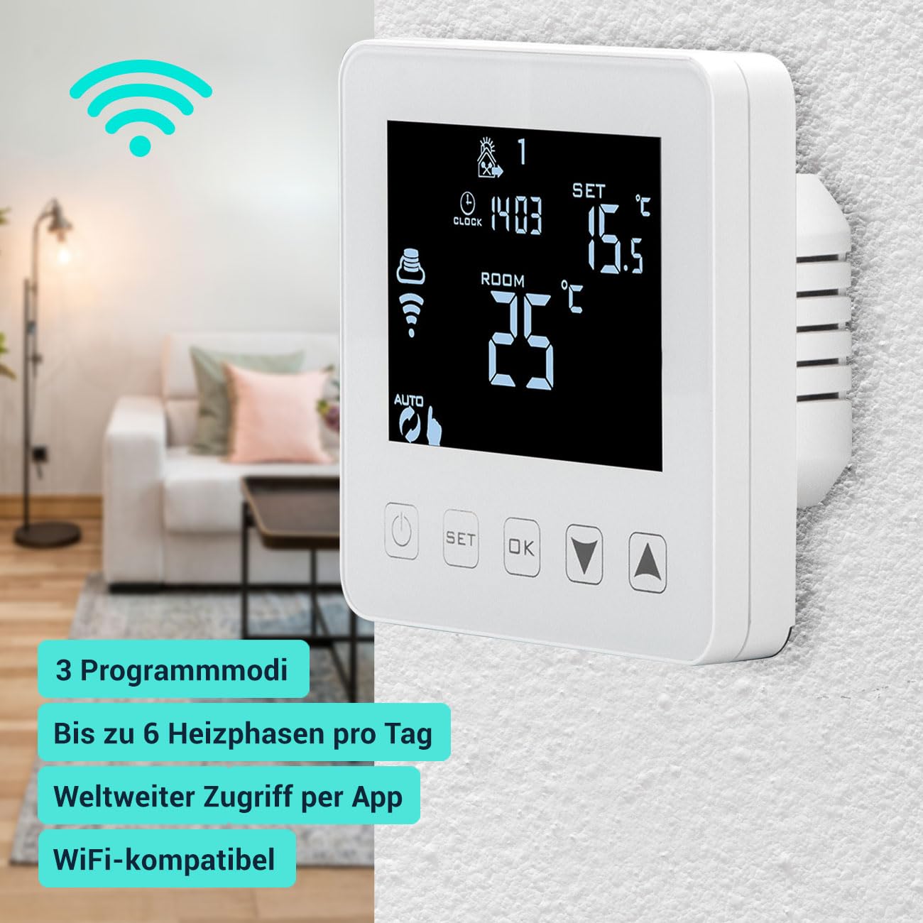 Intelligentes WLAN-Thermostat Unterputz für Fussbodenheizung: App-, Sprach- & Touch-Steuerung, Siri/Alexa/GA – Komfortabel & energieeffizient