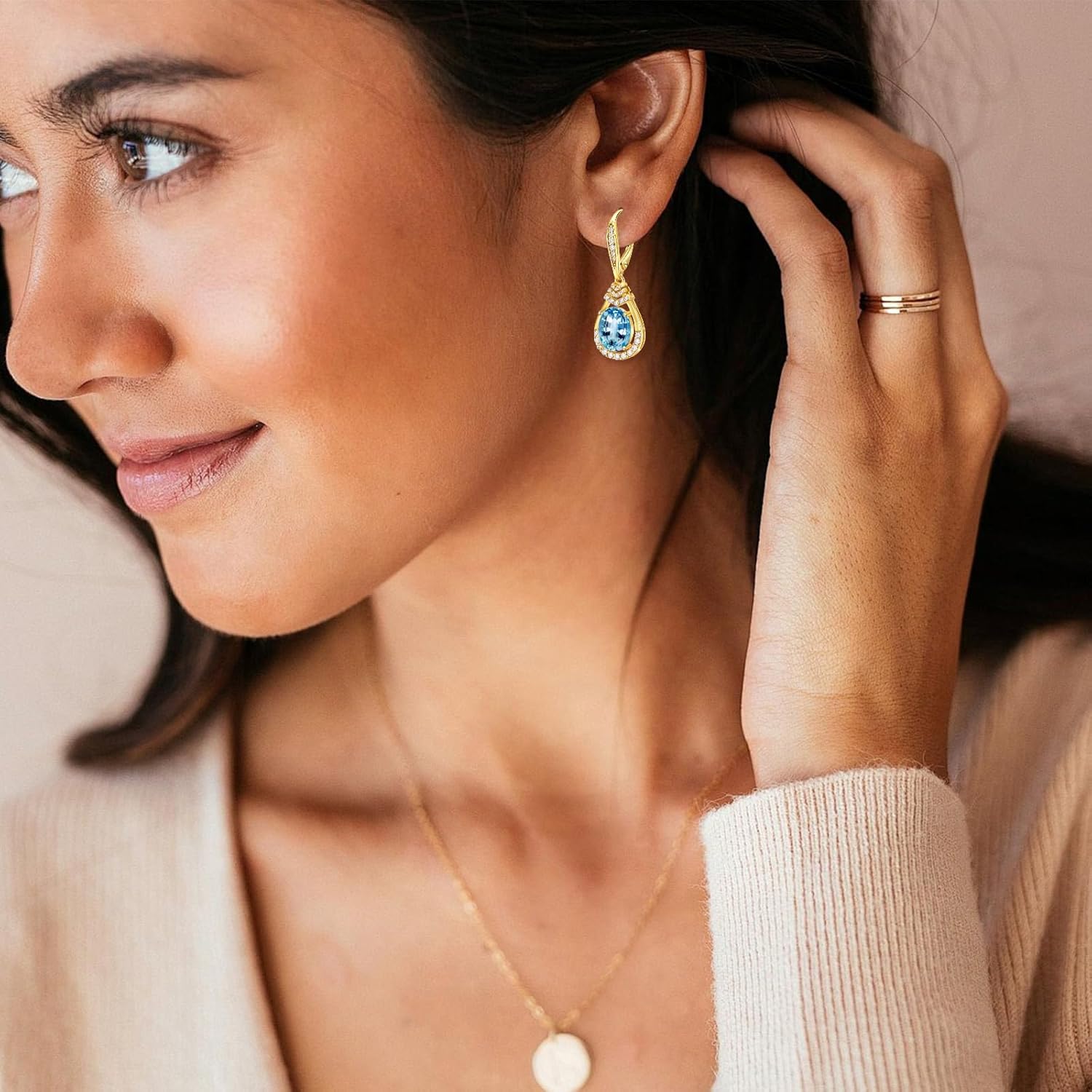18K G Plated Sterling Silver Birthstone Dangle Earrings for Women | Oval Cut CZ Crystal Teardrop Leverback Earring Hypoallergenic | Bride Wedding Gifts | Anniversary Jewelry Birthday Gifts