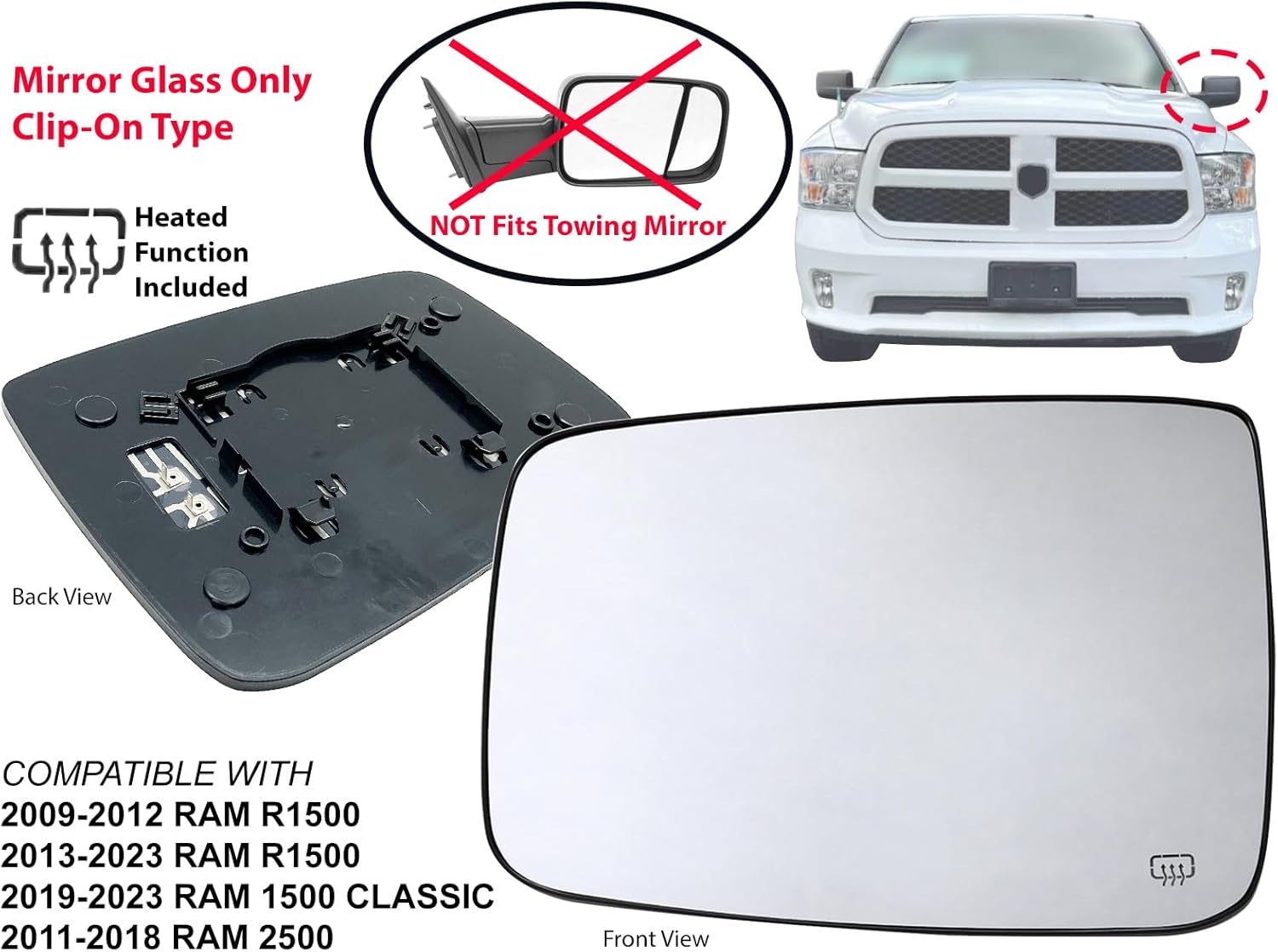 APA Replacement for Power Heated Mirror Glass 2009-2023 RAM 1500 2011-2018 RAM 2500 Driver Left Side 68050299AA CH1324117