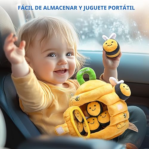 Miniatura 6 de JoyCat Juguetes para Bebés de 6-12 Meses - Colmena Suave para Bebé con 5 Abejas Sensoriales - Sonajero, Papel Crujiente, Silbato, Espejo, Juguetes