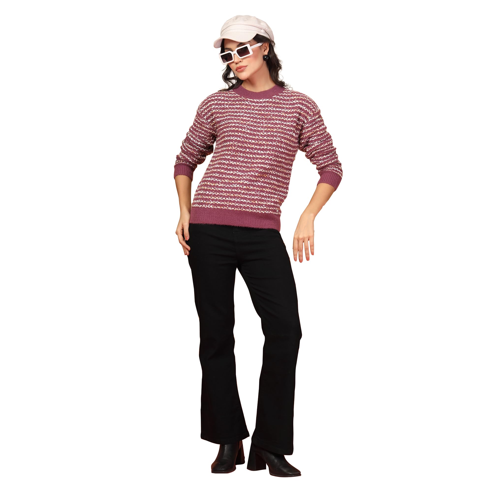 thirty threads Women Striped Round Neck Woollen Pullover Pink_T5W 25435-picture-34