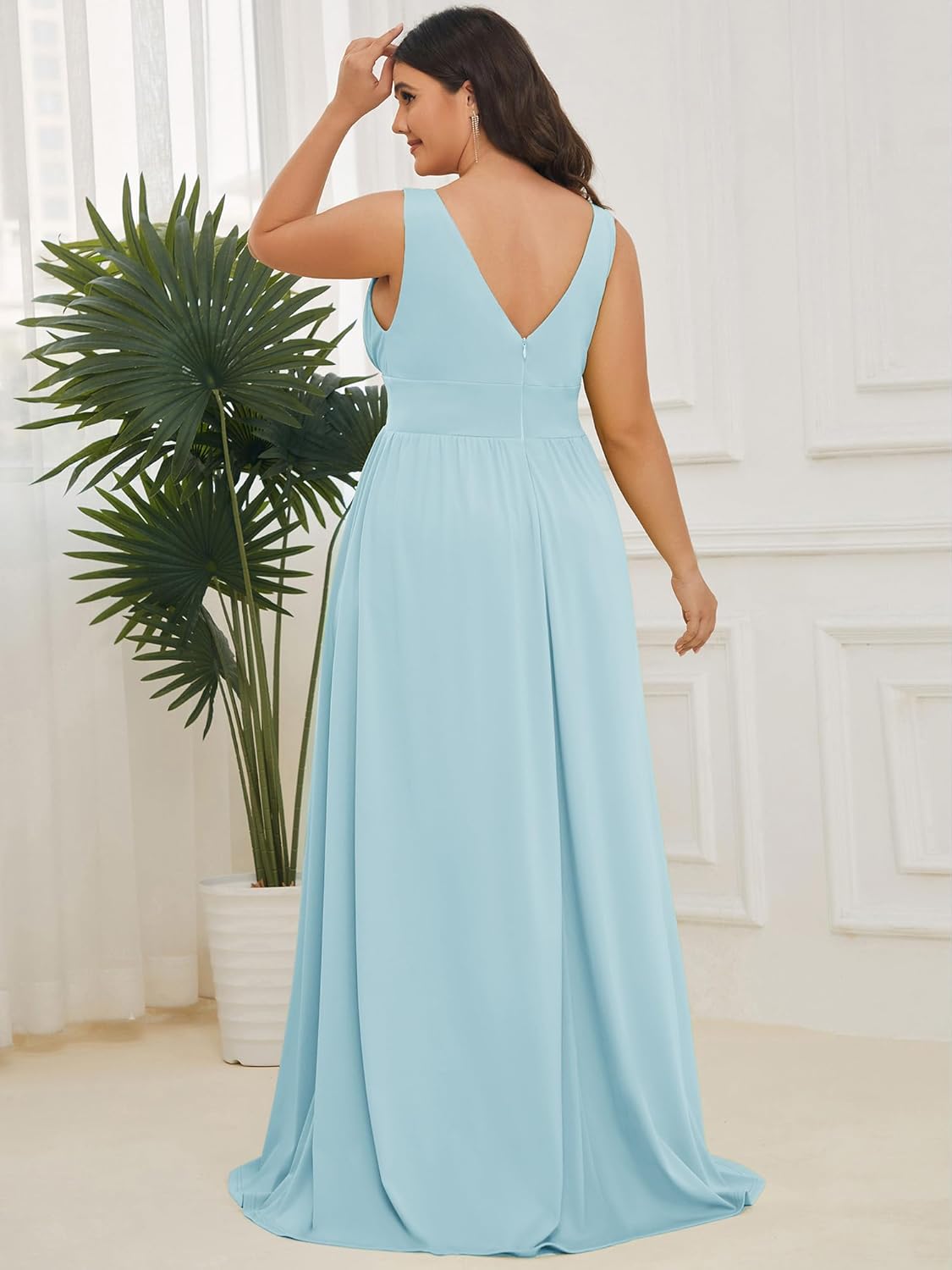 Ever-Pretty Women's Floor Length High Stretch Side Slit Pleated Sleeveless A Line Plus Size Formal Wedding Guest Dresses