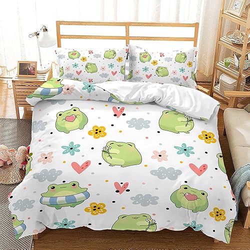 Vista 11 de Juego de funda de edredón Kawaii con diseño de rana de dibujos animados para niños, tamaño Queen, juego de funda de edredón con 2 fundas de almohada