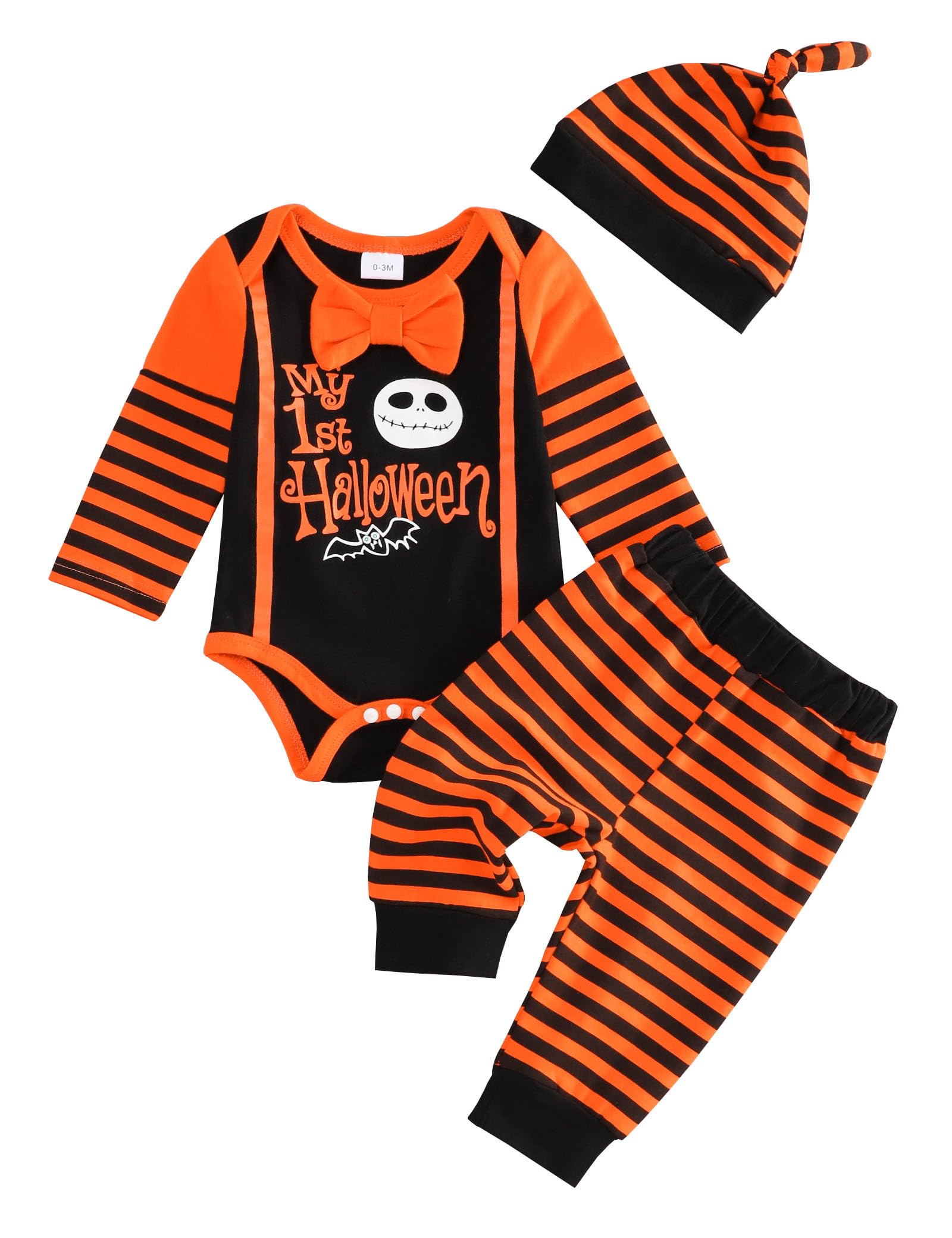 RCPATERNMy First Halloween Baby Boy Outfit Pumpkin Coat Bow Tie Romper and Striped Pants Infant Halloween Clothes Sets