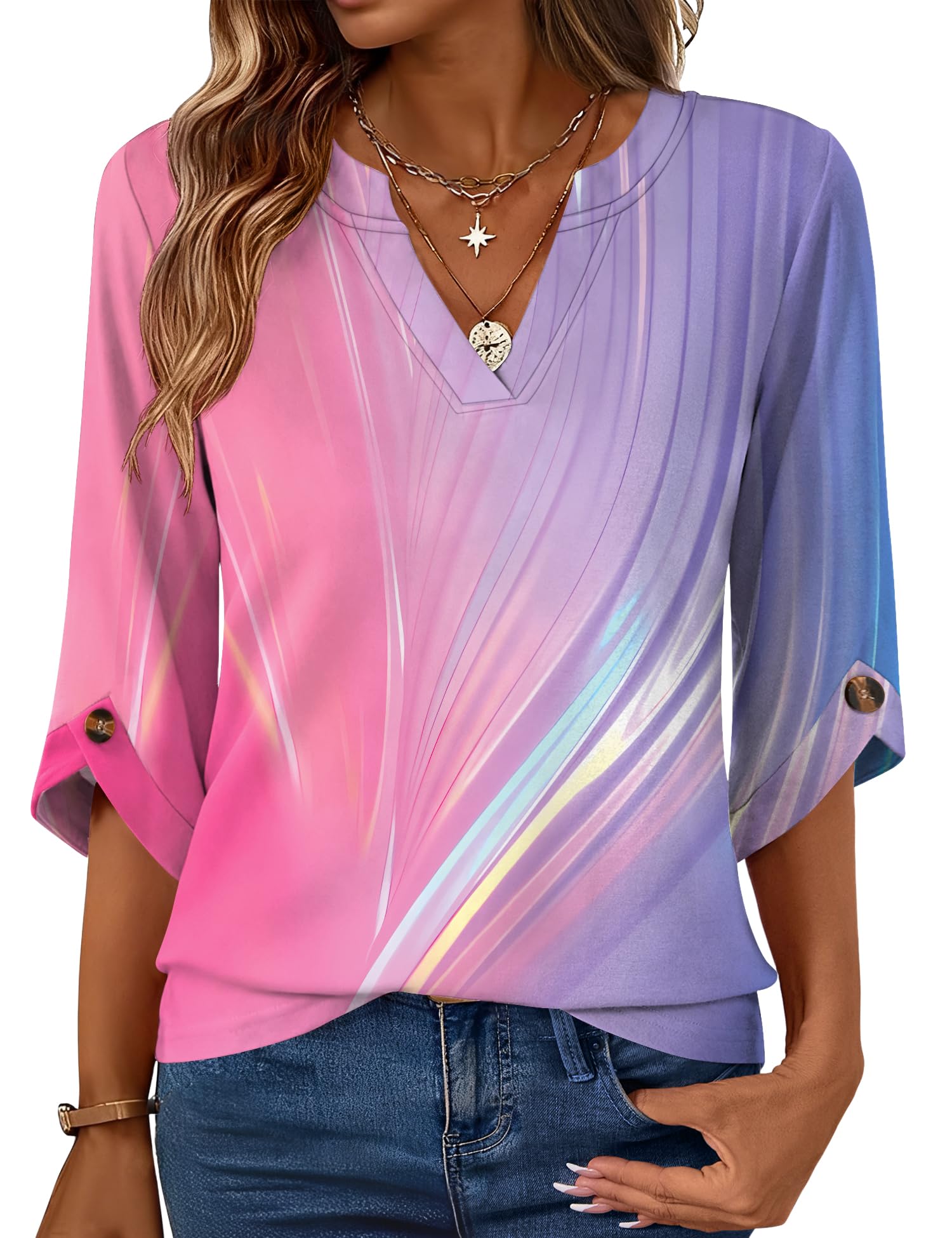 Rapbin Bluse Damen 3/4 Arm Langerm Oberteil Shirt 2026 Sommer Elegant Top Oberteile V Ausschnitt Blusen Lässig Locker Tunika