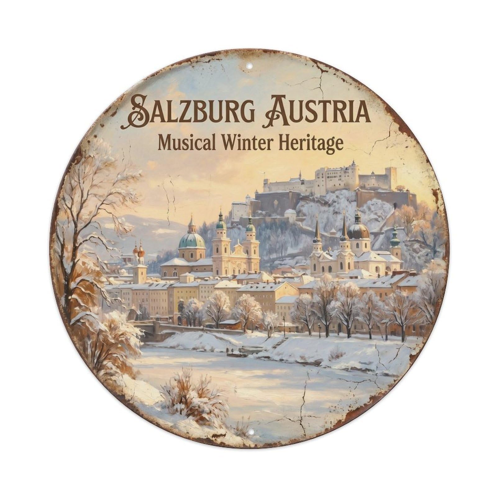 Vintage Travel Salzburg Austria Winter Metal Tin Sign Plaque Wall Decor for Cafe, Club, Garden Round Metal Poster 8x8Inch