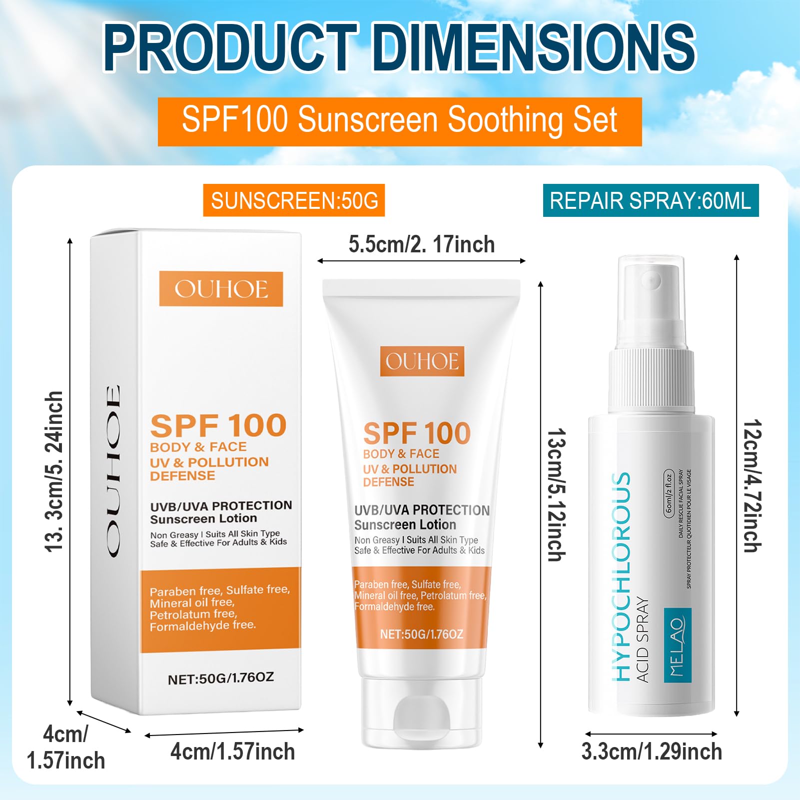 Zestaw z kremem przeciwsłonecznym, filtr SPF 100 + balsam przeciwsłoneczny w sprayu 60 ml