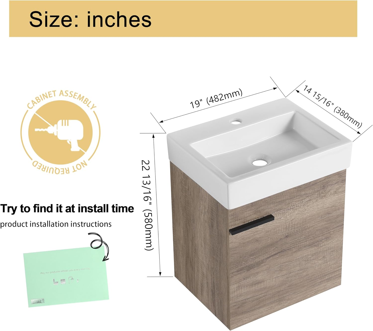 Malwee 18"" Bathroom Vanity with Sink, 18 Inch Floating Bathroom Vanity for Small Space, Single Sink Bathroom Vanity Combo, Modern Bathroom Vanity, Grey Wall Mounted Cabinet Set (HY, 19""*15"")