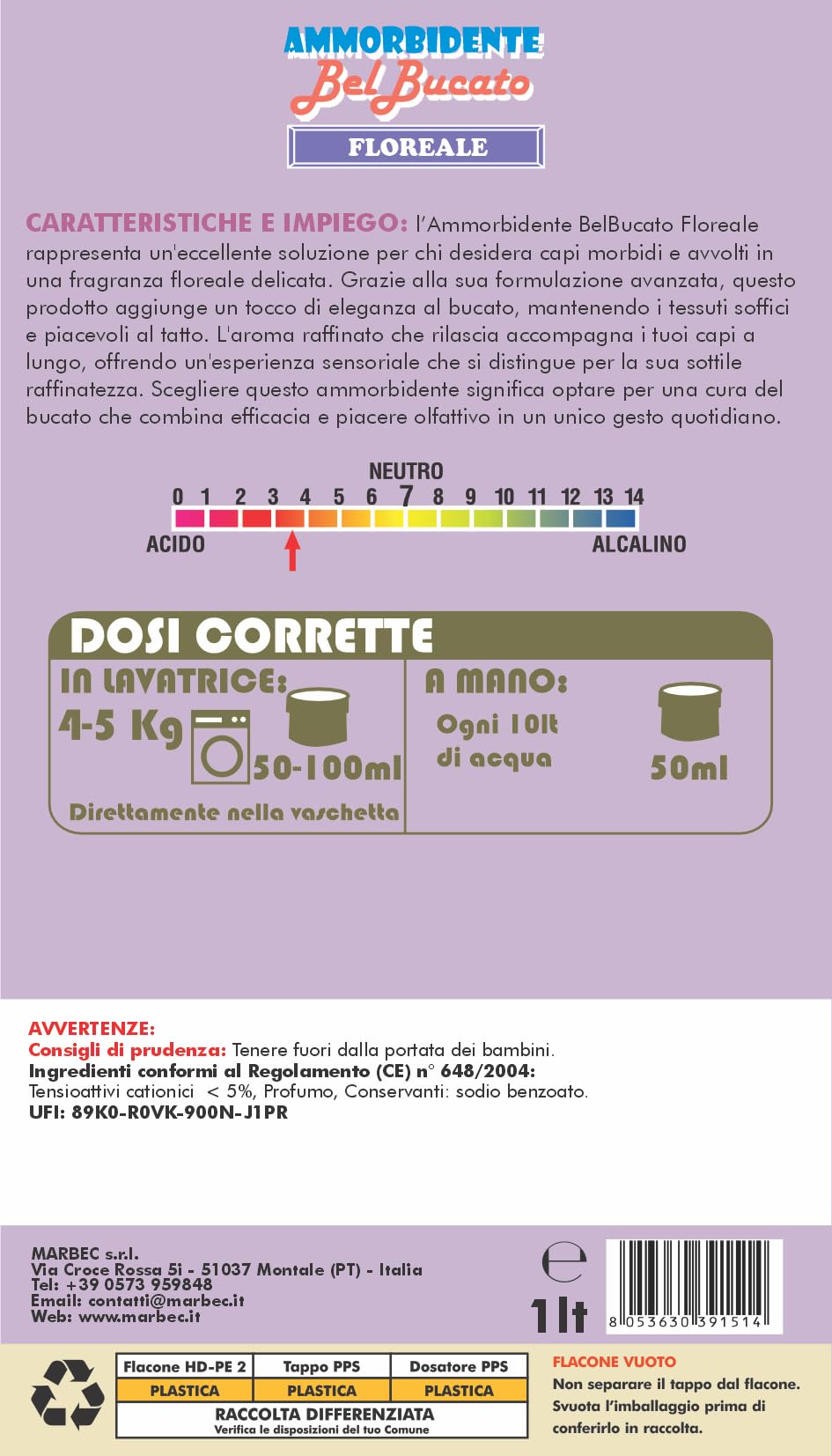 MARBEC AMMORBIDENTE BelBucato Floreale 1LTx6PZ Ammorbidente liquido dal profumo floreale per lavaggi a mano o in lavatrice