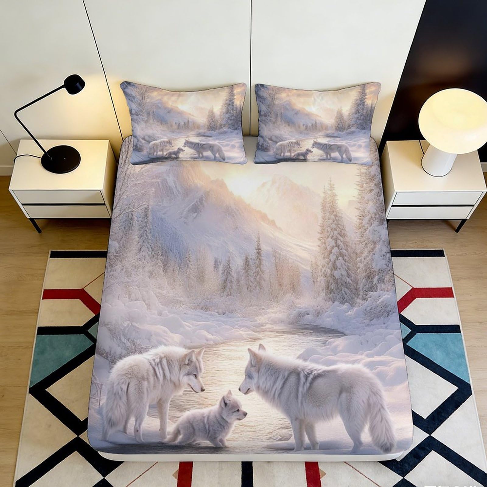 3D Printed Winter Wolf Fitted Sheet Microfiber Soft Breathable Snow Landscape Bed Cover for Bedroom Dormitory Guest Room Mattress Protection 160x200x25cm