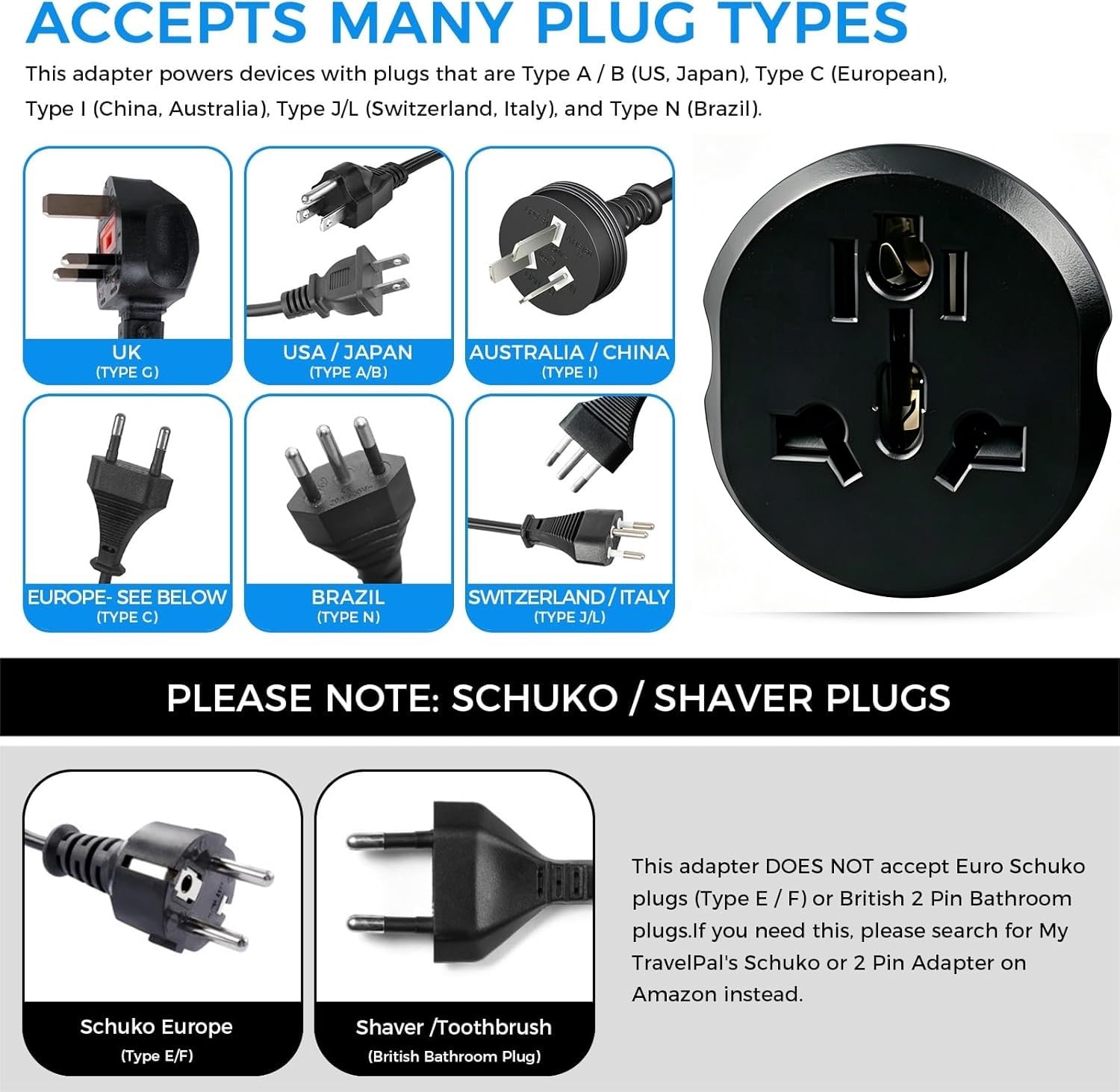 2PACK Adaptateur de Voyage Universel EU, Convertisseur International de Type F/C du Monde vers l'europe, Prise Multi-Fonction 2 Broches pour l'Espagne, la France, UK, USA, US, AUS - 2