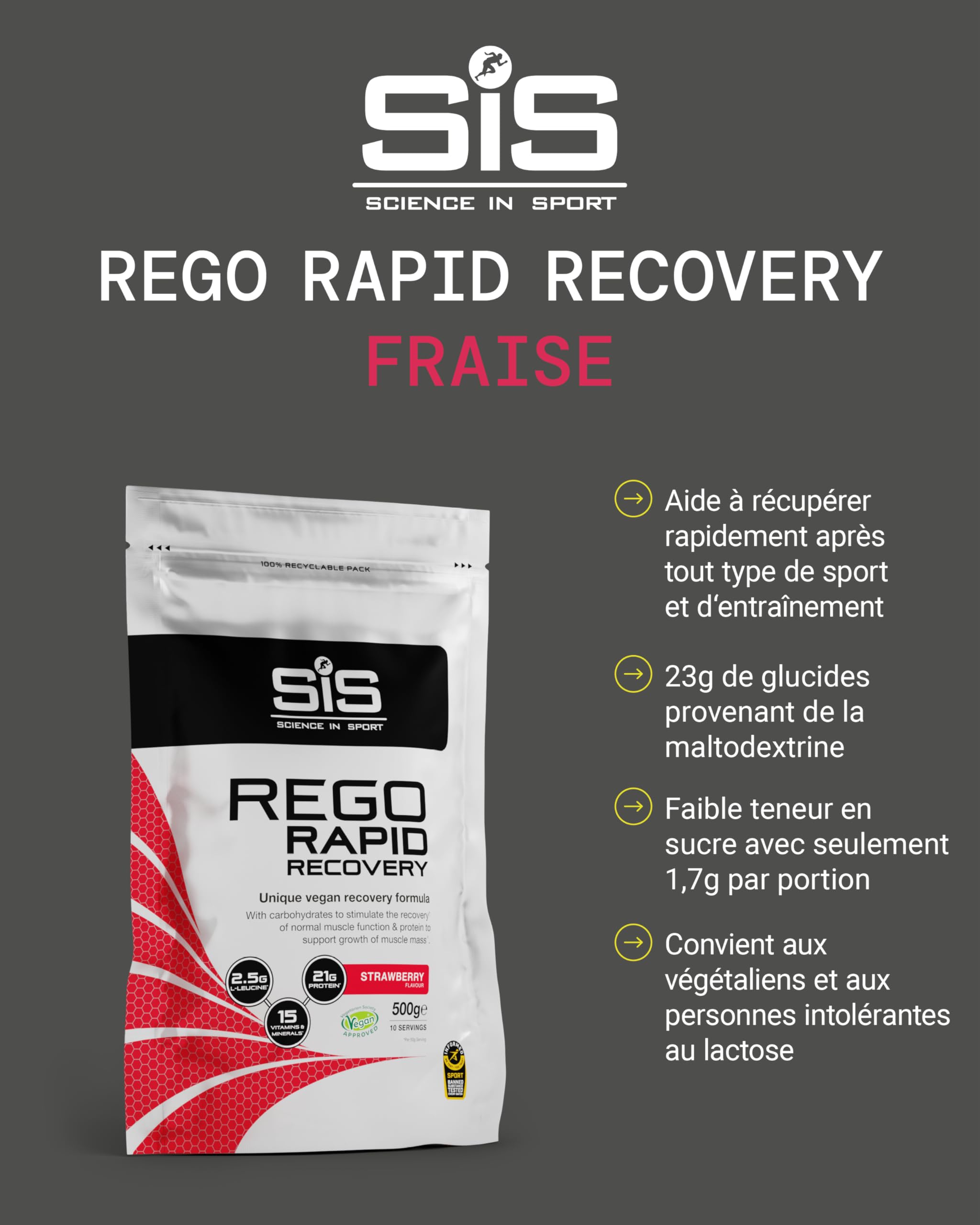 Science in Sport Rego Rapid Recovery Poudre 500g Fraise Vegan - Poudre récupération avec glucides, protéines, électrolytes, vitamines et minéraux, soutient un entraînement efficace