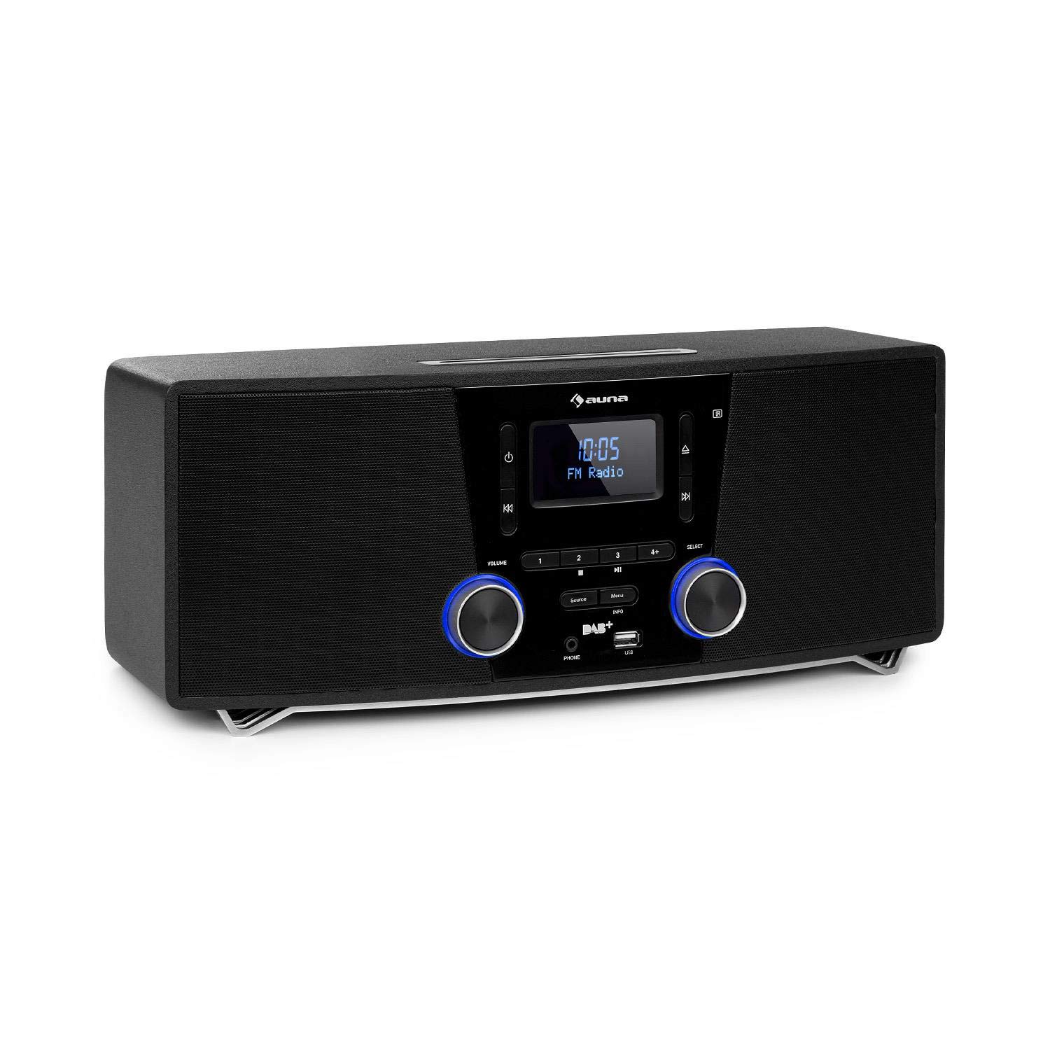 auna Stockton - Equipo de música estéreo, Potencia de 20 W, Radio Dab+/UKW, Función RDS, Reproductor de CD, Bluetooth, Puerto USB, Entrada AUX, Pantalla OLED, EQ, Programable, Despertador, Antracita