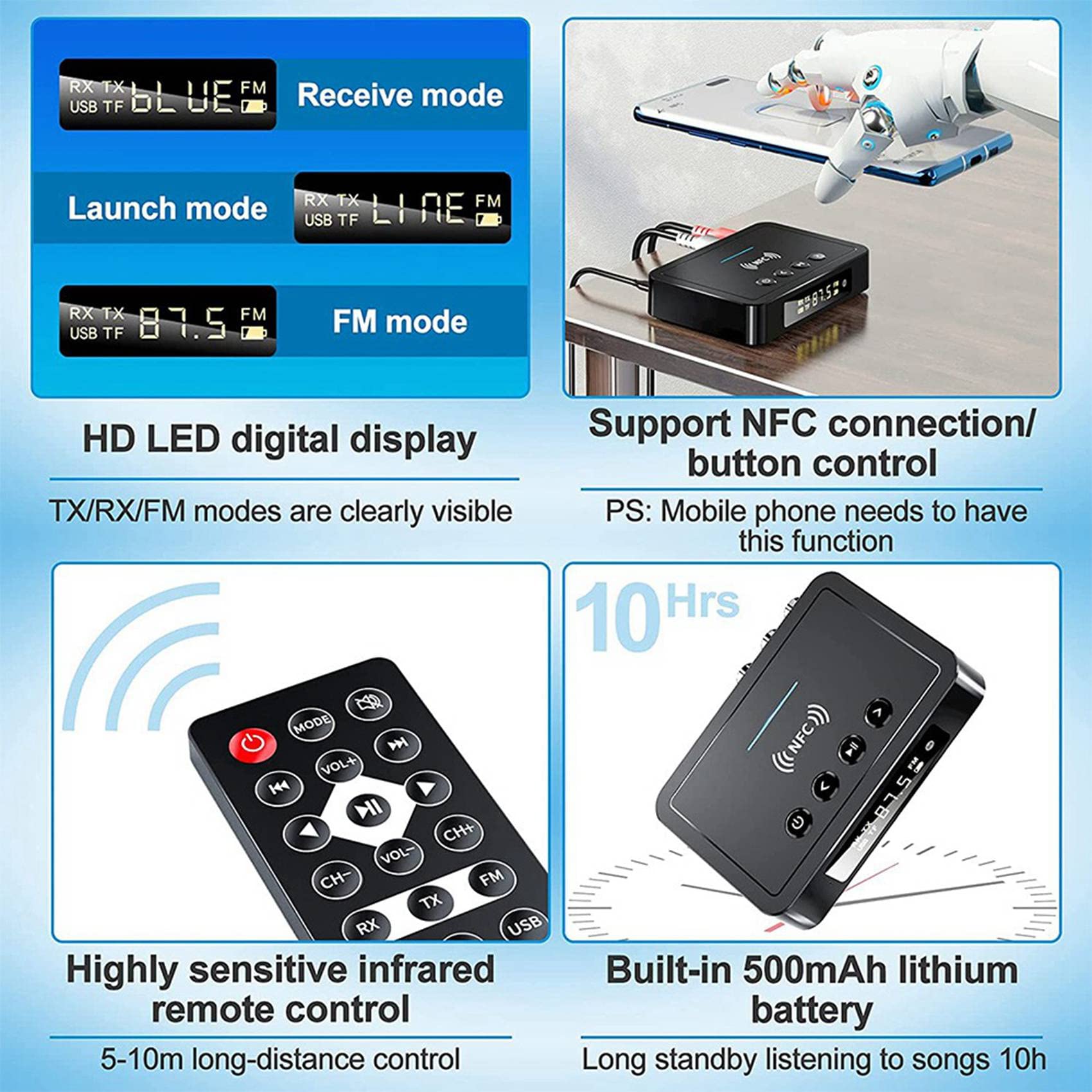 2X Bluetooth 5.0 Récepteur ÉMetteur FM Stéréo AUX 3.5mm RCA NFC Bluetooth Audio Adaptateur pour TV PC Casque